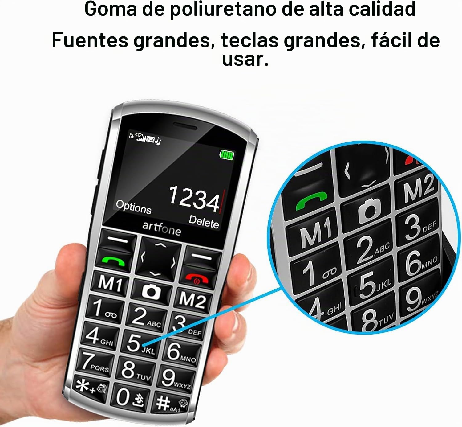 artfone A400 Plateado - 4G Teléfono Móvil para Mayores丨Movil con Teclas Grandes y Volumen Alto丨Dual SIM丨Botón SOS丨Base de Carga丨Batería 1800mAh丨Bloqueo de teclas丨Pantalla 2,4"丨Bluetooth丨Cámara de 2 MP