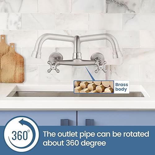 Miniatura 7 de Airuida Grifo de fregadero de cocina de montaje en pared para pico de 6 pulgadas (5.9 in), centro ajustable, centro ajustable, asas cruzadas, agua