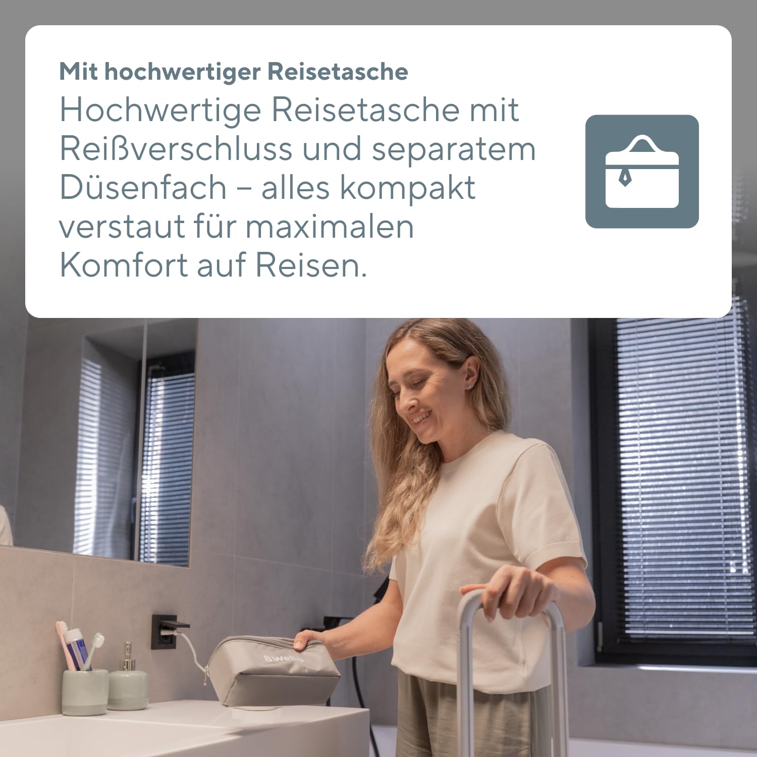 B.Well Swiss TH-912 tragbare und kabellose Munddusche, Praktisches Design mit 3 Betriebsmodi, 5 Düsen mit 360°-Rotation, bis zu einem Monat Akkulaufzeit, Inkl. einer praktischen Reisetasche
