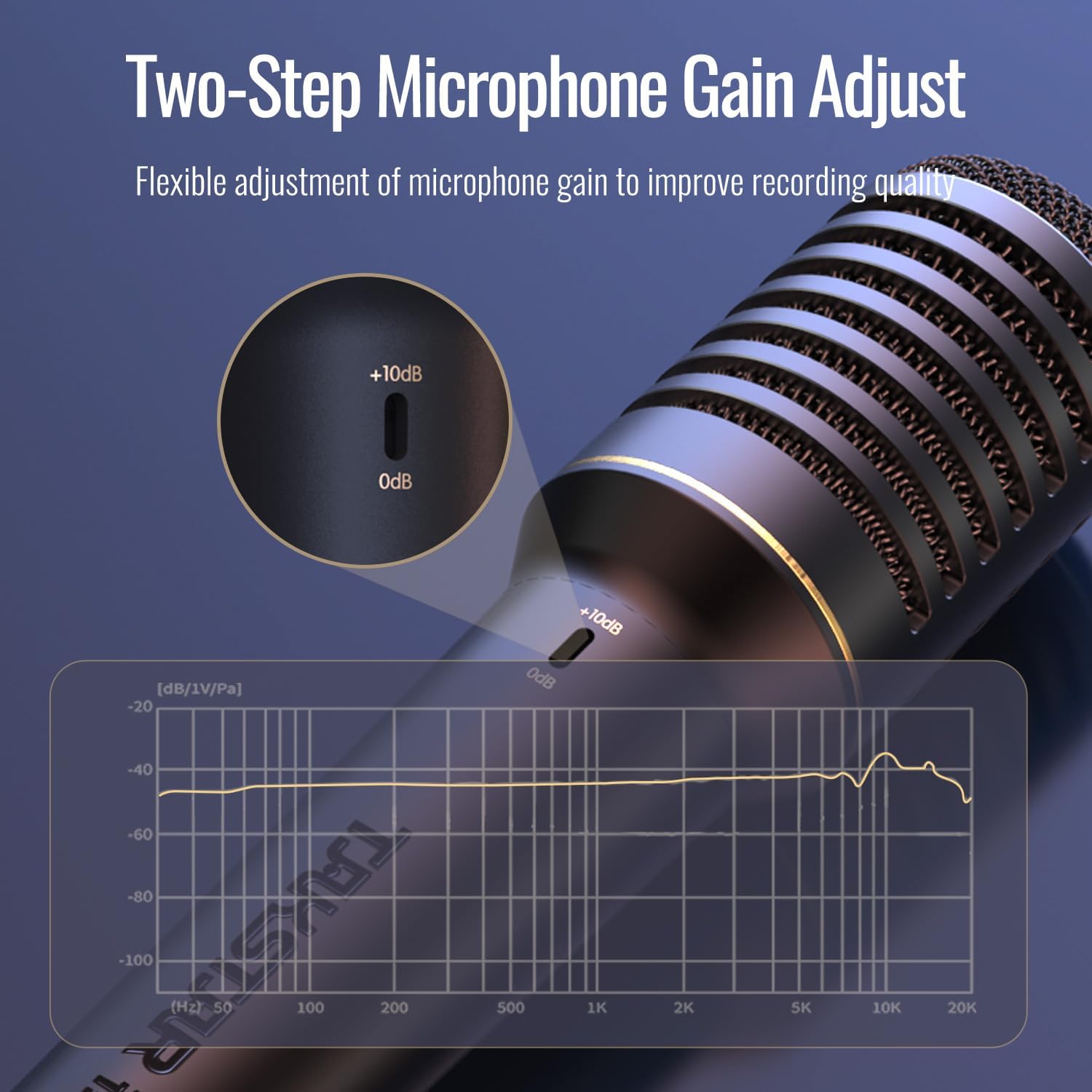 Microphone with gain switch and frequency response graph