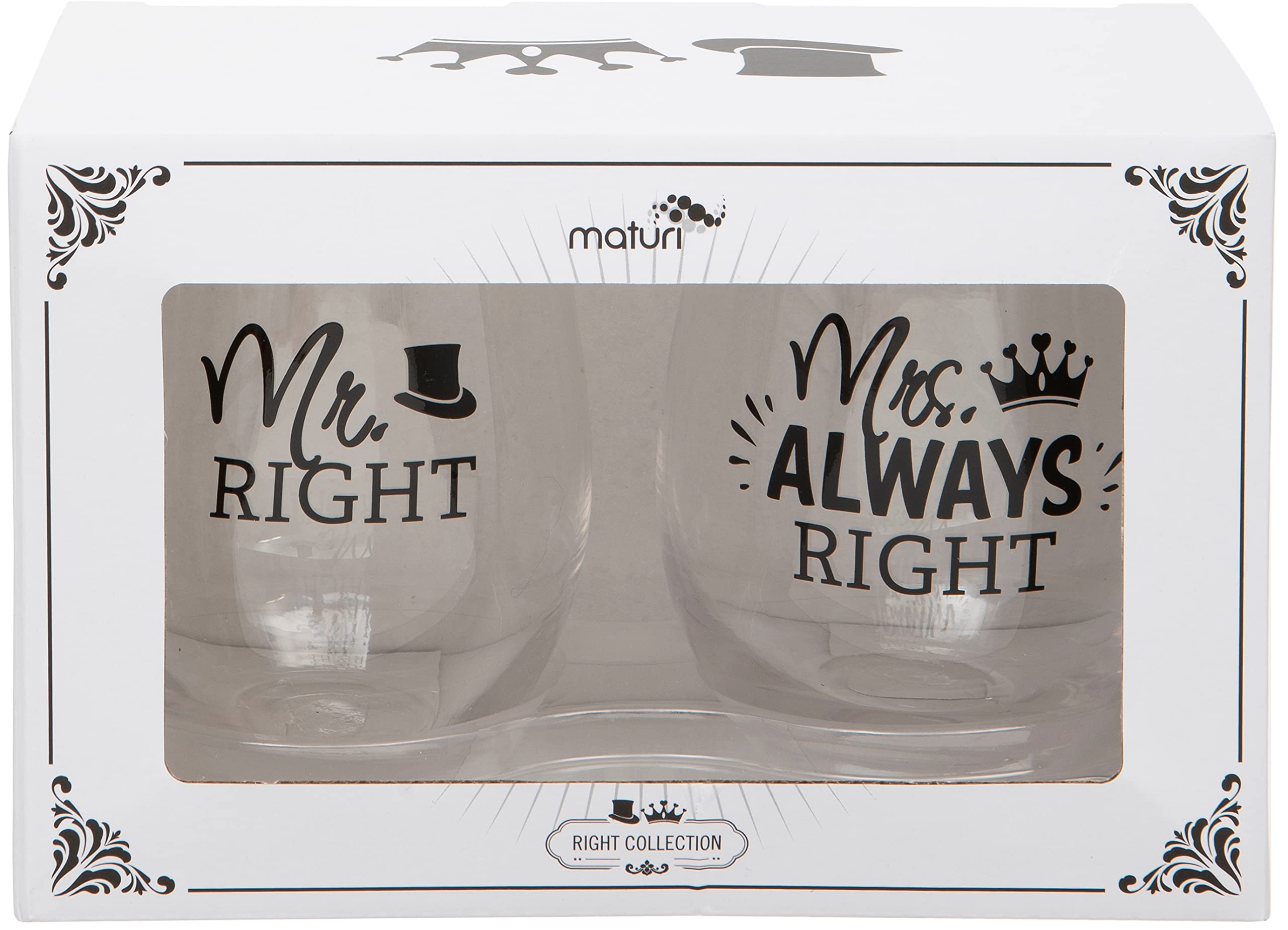 Maturi Set of Two Mr Right and Mrs Always Right Stemless Wine Glasses