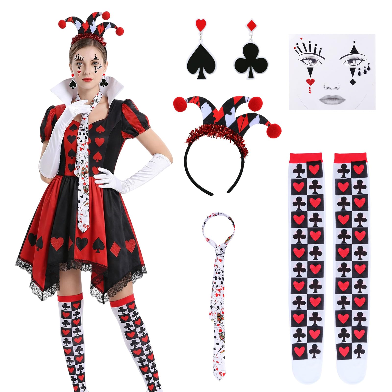 5 Pieces Queen of Hearts Costume Women Queen Headband Socks Tie Costume Fairy Tale Costumes for Carnival