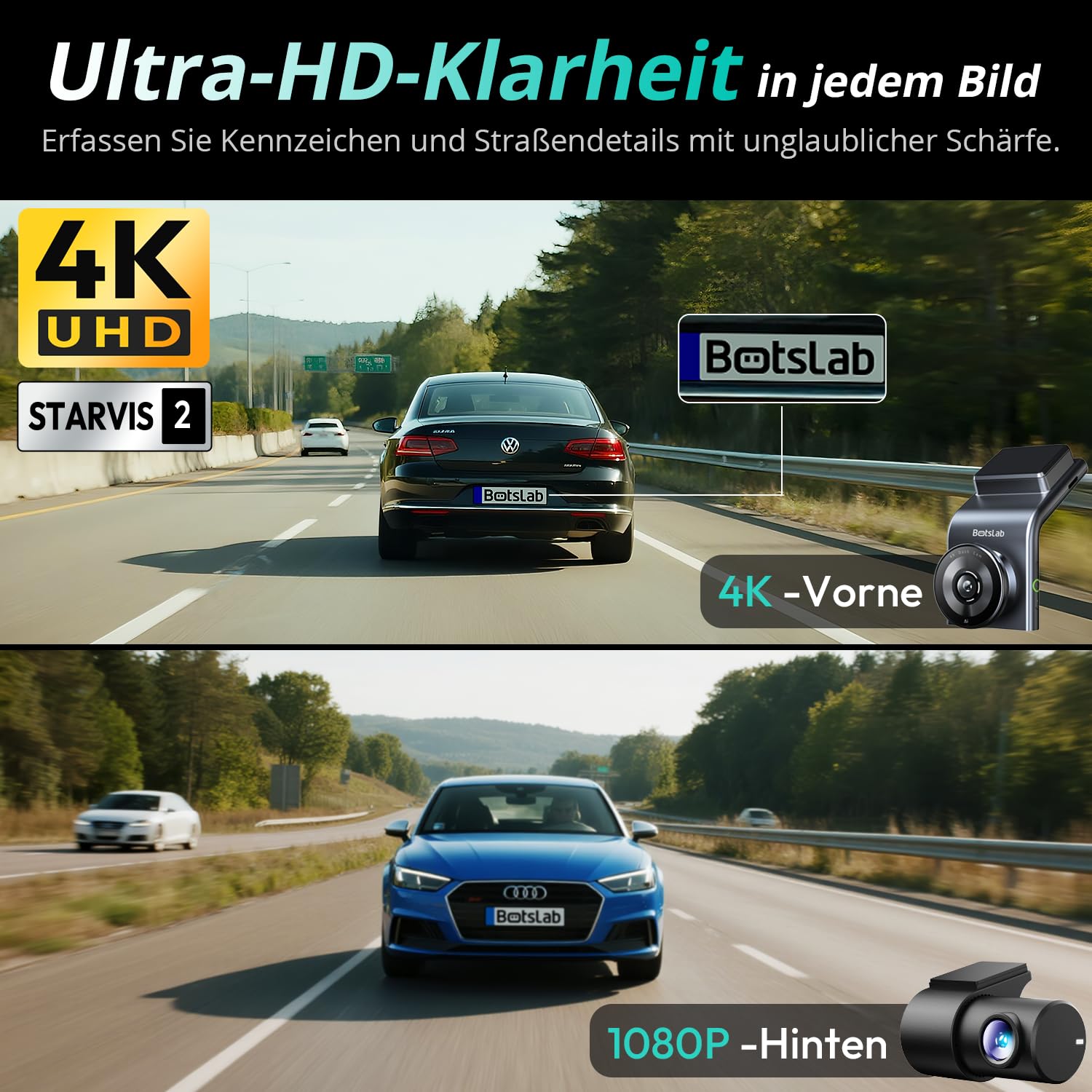BOTSLAB 4K Dashcam Auto Vorne Hinten mit STARVIS 2 Sensor, WDR Dual-Kanal, 64GB SD-Karte, Super Nachtsicht, Sprachsteuerung, 5,8GHz Wi-Fi, GPS, bis 256GB