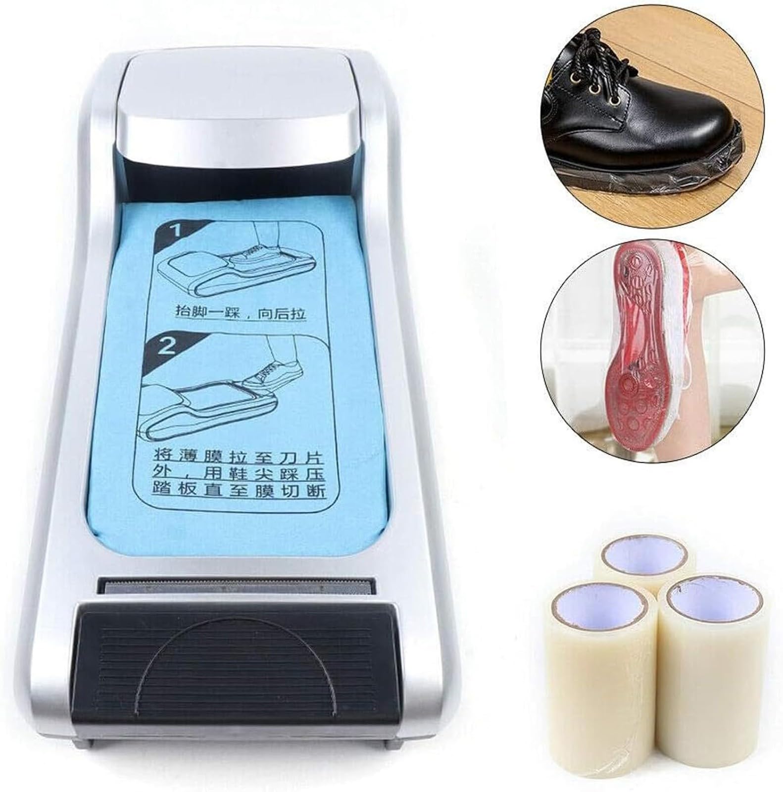 Dispensador AutomáTico de Fundas Desechables para Calzado con Recambio de 3 Rollos, MáQuina Dispensadora PortáTil para Cubrezapatos Hasta la Talla 12 de Hombre