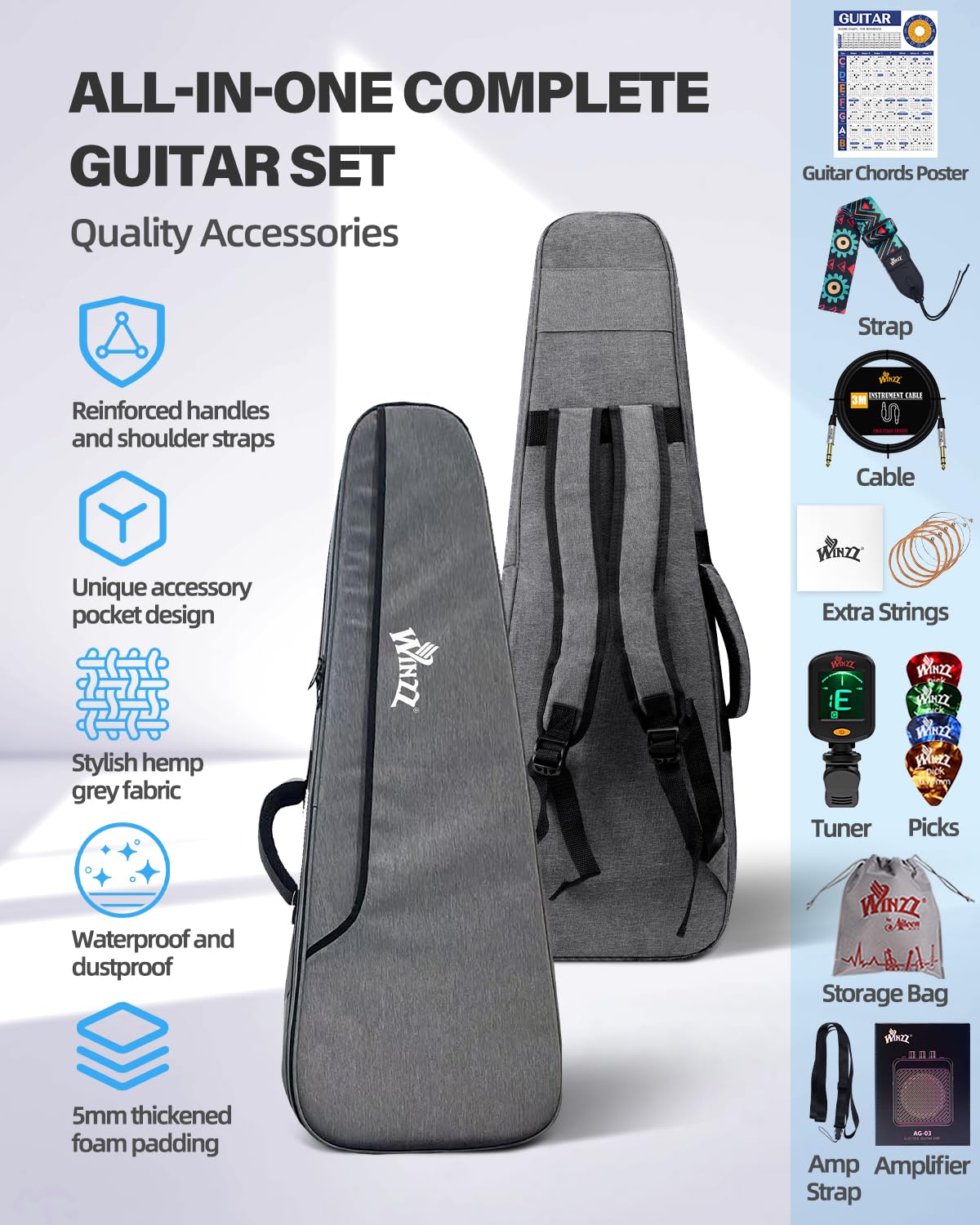 Winzz - 30-calowy zestaw do gitary elektrycznej dla dzieci dla początkujących mini gitara elektryczna rozmiar 1/4 dla dzieci, kompletny zestaw startowy ze wzmacniaczem, jasny czarny