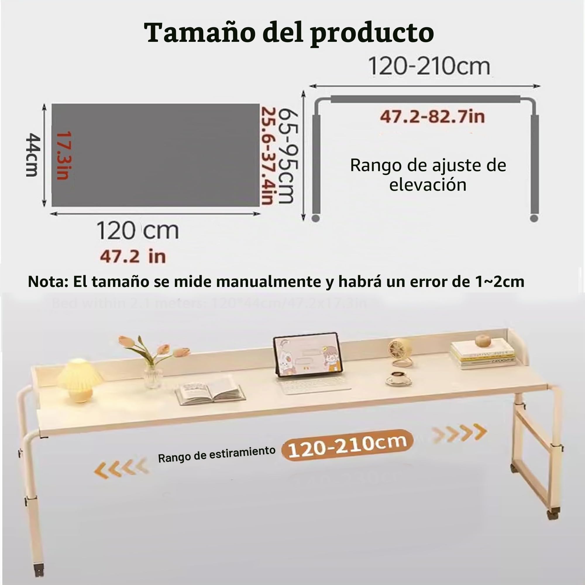 Mesa de cama ajustable con ruedas, 120-210 cm, escritorio móvil blanco sobre la cama con soporte ajustable de 65 cm-95 cm, escritorio móvil para laptop, escritorio para cama, sofá u oficina