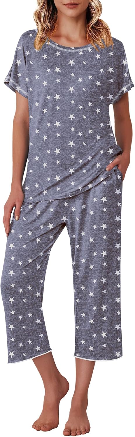 Ekouaer Women's Capri Pajama Sets Print Short Sleeve Sleepwear Top and Capri Pants Soft Loungewear with Pocket
