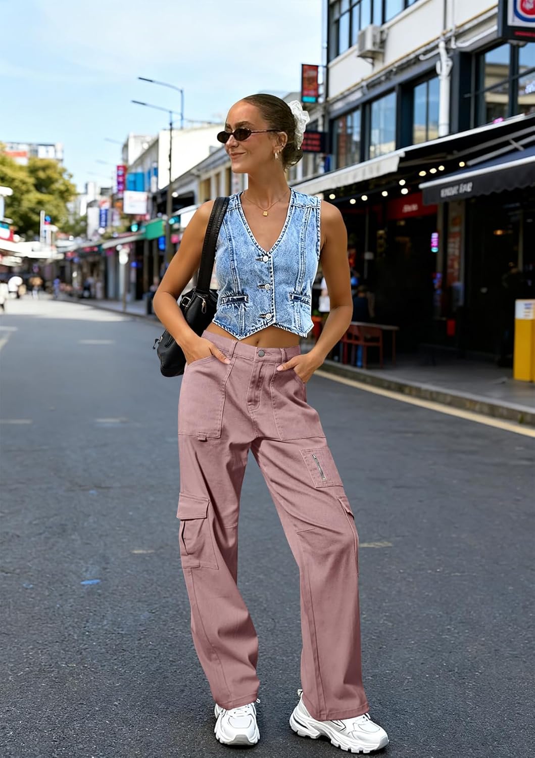 IVIR Cargo Pants Women High Waist Wide Leg Casual Pants with 7 Pockets Stretchy Drawstring Baggy Y2K Trousers