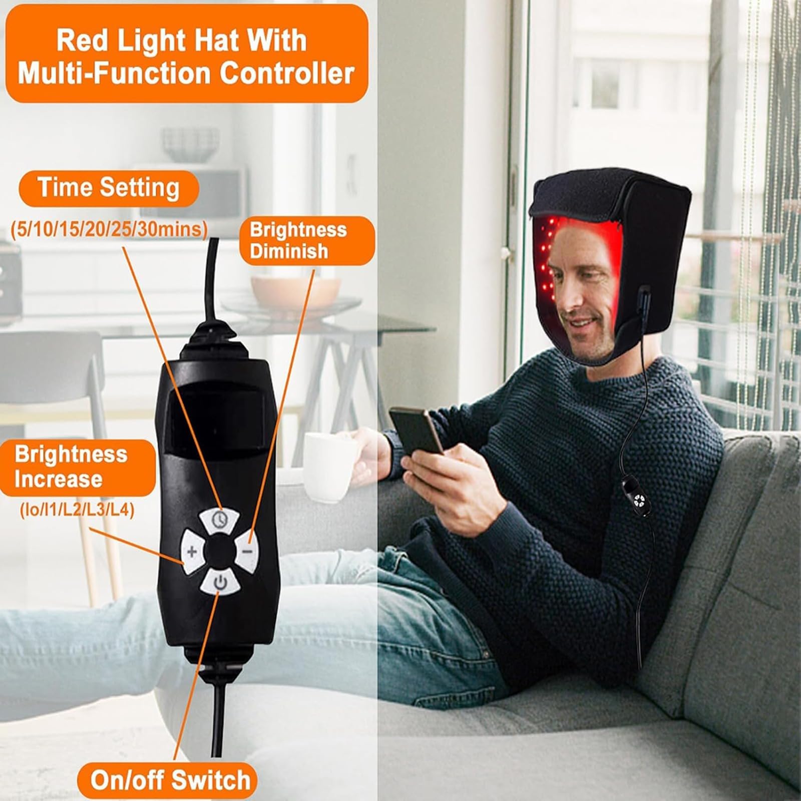 Gorro de terapia de luz roja, 215 LED de 660 Nm y 850 Nm Dispositivo de terapia con LED de infrarrojo cercano con 5 niveles ajustables y temporizador de 5 a 30 minutos, para la pérdida de cabello