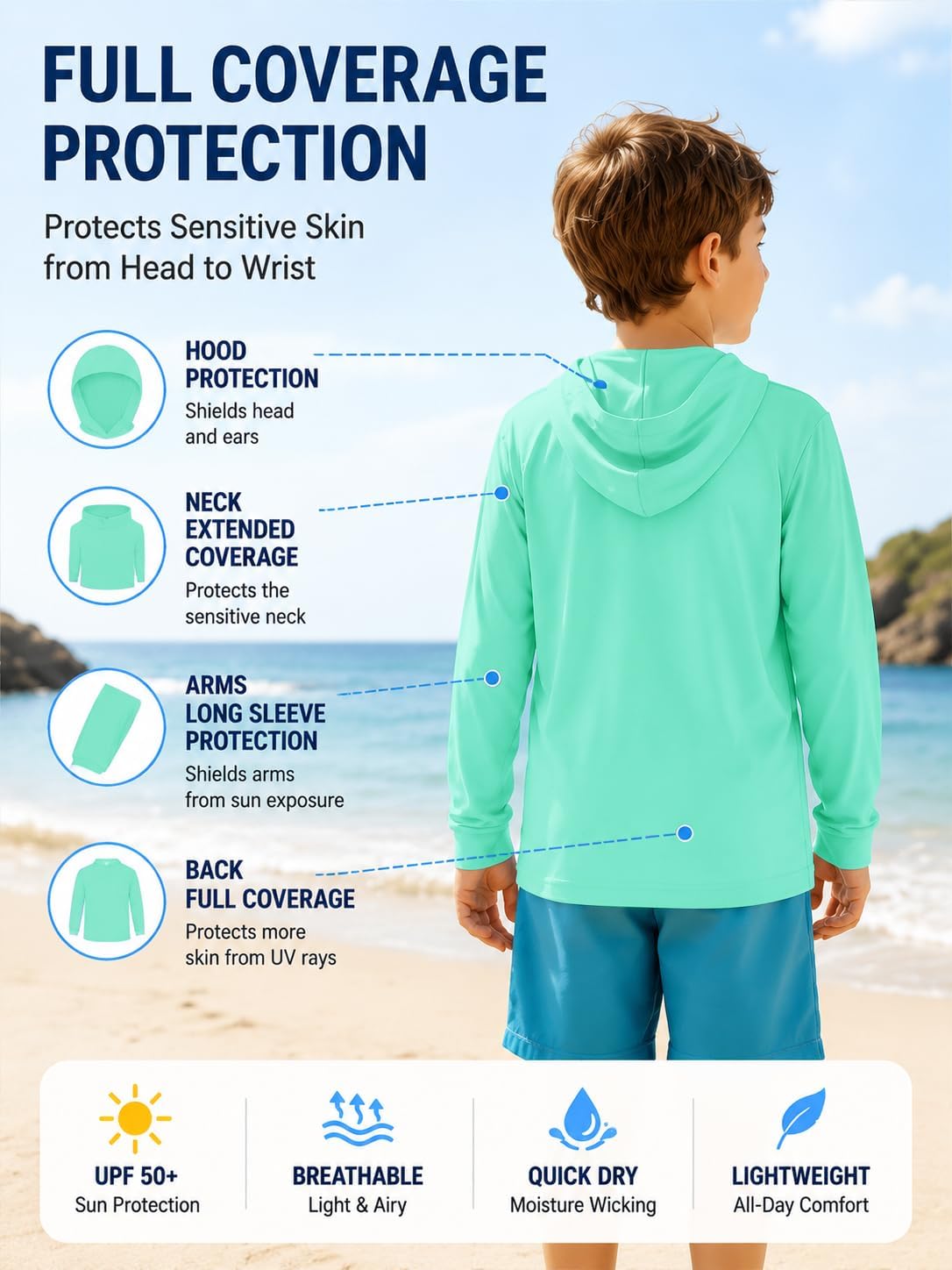 ZITY 5 Pack Rash Guard for Boys Long Sleeve Hooded Swim Shirt Kids UPF50+ Sun Protection Fishing Shirt Lightweight