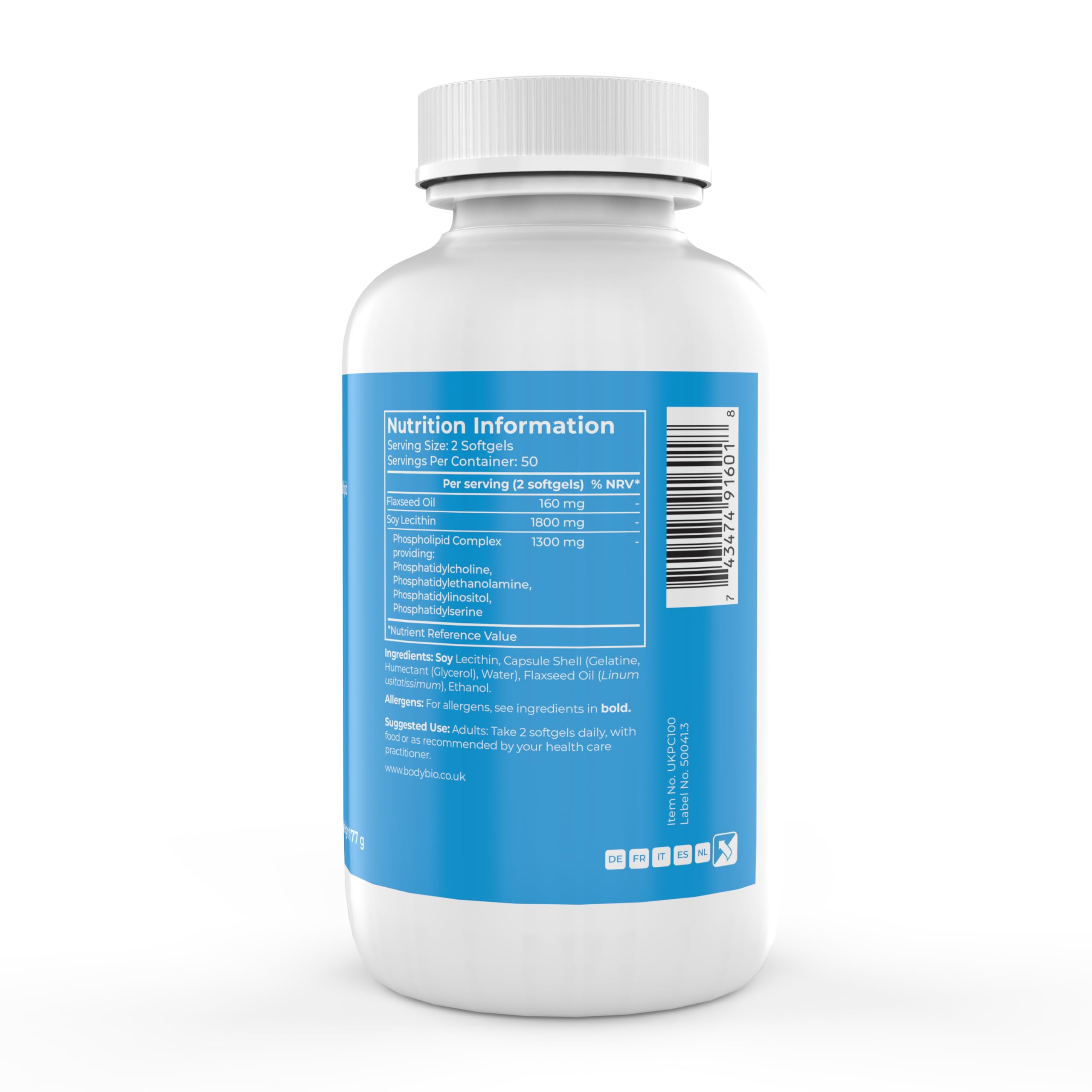 BodyBio PC - Complexe de Phospholipides avec Phosphatidylserine - Clarté Mentale, Memoire et Concentration - Complement Alimentaire Cerveau et Détox Douce - 100 Gélules