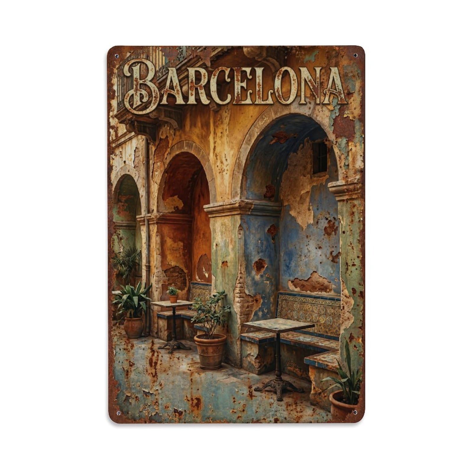 Vintage Travel Alcoves Spain Shaded Metal Tin Sign
