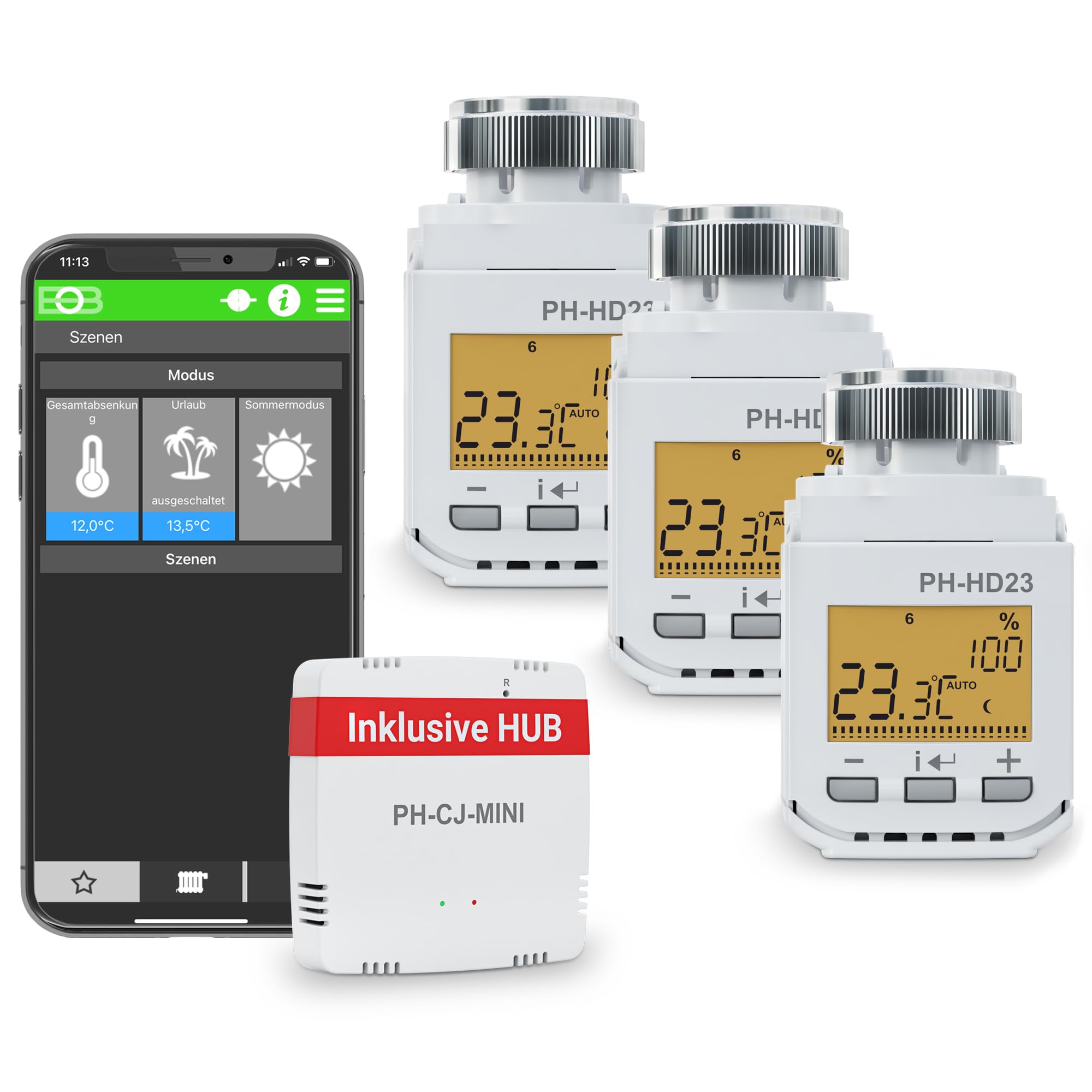 ELEKTROBOCK PH-Starter Pack 2 - Heizungssteuerung per App - 3 Heizkörperthermostate mit Gateway und Display - Smart Home - Boost-Funktion - Einfache Installation, Weiß
