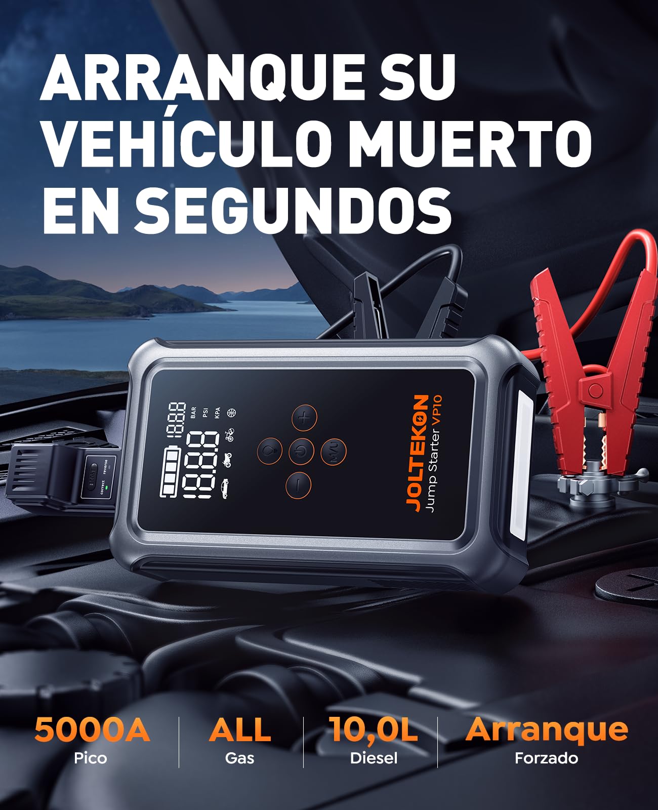 Arrancador de Baterías de Coche 5000A con Compresor de Aire 150PSI, Arrancador de Coches 12V con Función BOOST de Arranque Forzado, Linterna 3 en 1, Pantalla Grande(para All Gas o 10L Diesel)