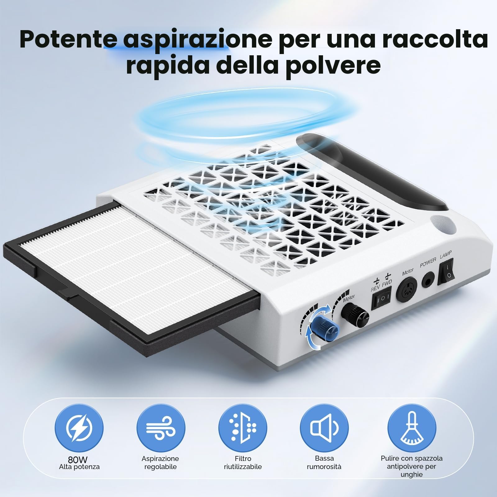 Fresa elettrica per unghie 4 in 1, aspiratore professionale per polvere da 30.000 giri/min, potente aspiratore da 80 W, luce LED girevole da 6 W, silenzioso, con 3 lime per salone (White)