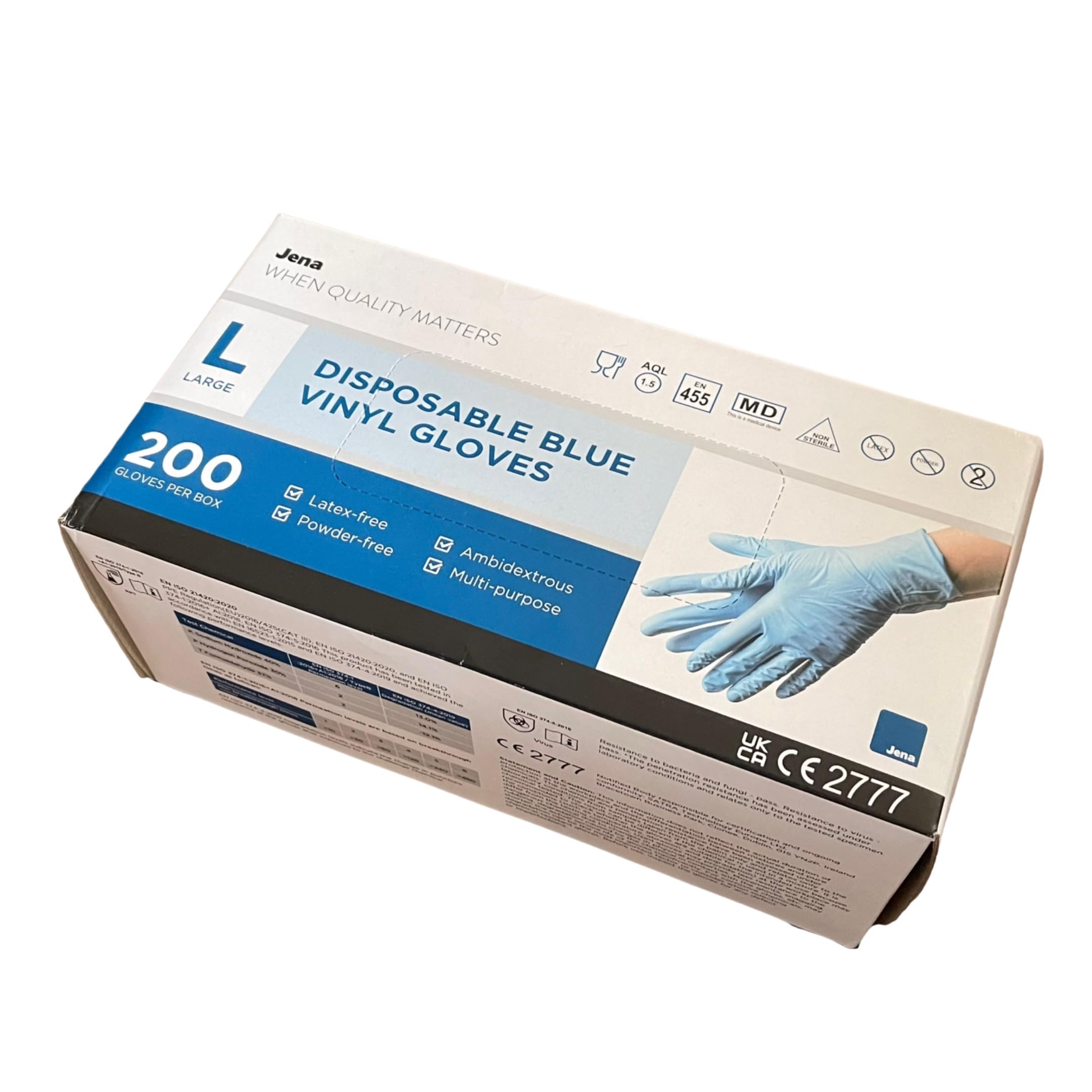 Jena Blue Vinyl Gloves, 200 Pack in Large