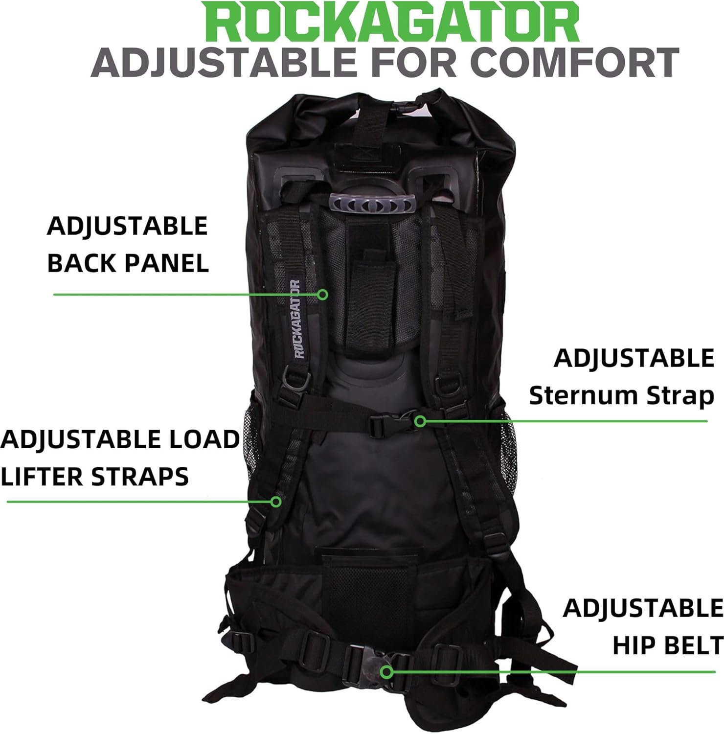 Rockagator Kanarra 90L Waterproof Backpack for Camping, Hiking, Mountaineering, Backpacking, Hunting, Fishing, Canoeing, Outdoor Activities, The Wet Outdoors - Large Capacity, Roll Top Closure, Black - Image 3