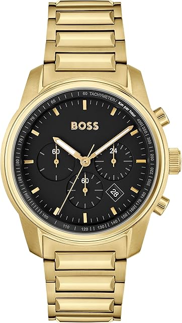 BOSS Chronograf kwarcowy zegarek dla mężczyzn z bransoletką ze stali nierdzewnej w kolorze złotym - 1514006, Czarny, bransoletka