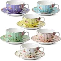 BTaT Floral Porcelain Tea Cups and Saucers Set of 6 (7oz) - Pastel Blooms with Gold Trim, Dishwasher & Freezer Safe Gift Set