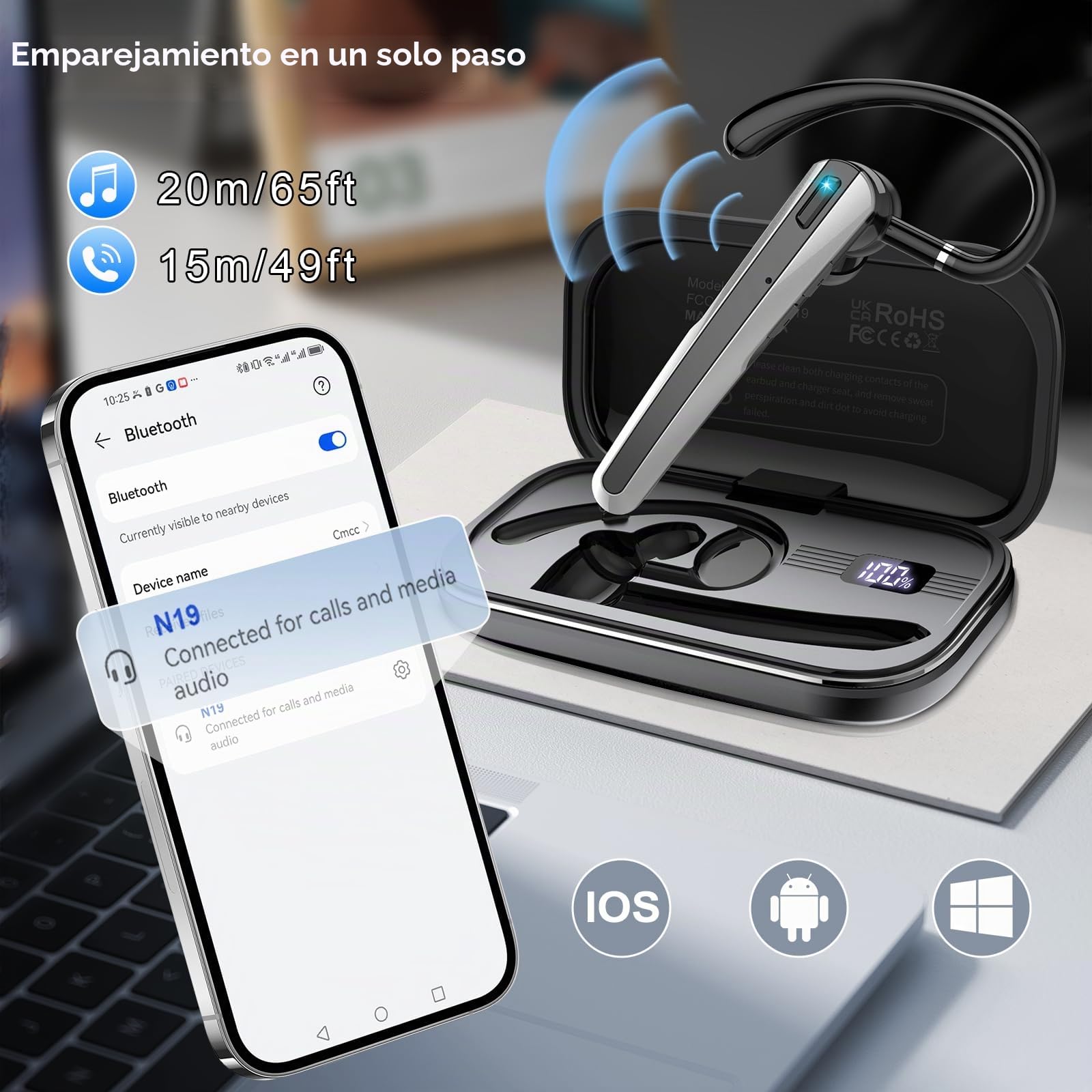 Manos Libres Auricular Bluetooth V5.3, Auriculares inalambricos Bluetooth con Doble Micrófono Cancelación, 20H de Conversación, 120H en Espera, Manos Libres Oreja para Negocios/Conducir/Oficina, Negro