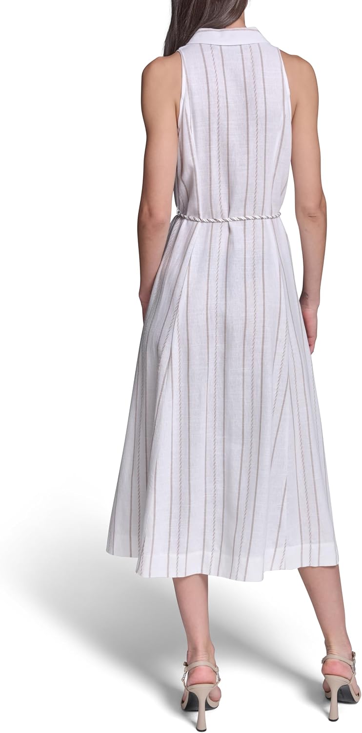 Karl Lagerfeld Women's Sleeveless Collar Striped Linen Rope Belt Midi Dress