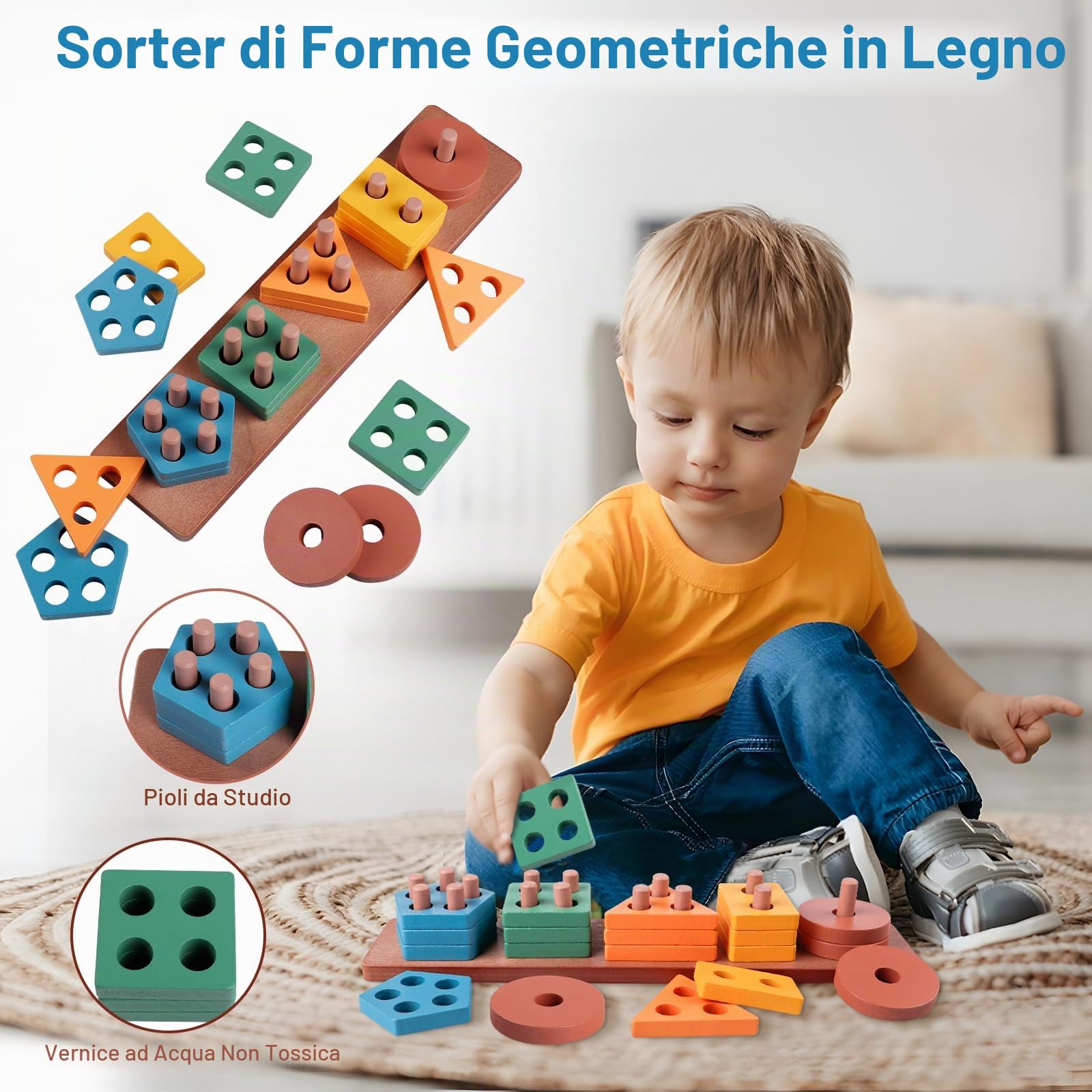 Giochi Montessori 18+ Mesi,6 in 1 Gioco Neonati Bambini, Forme Sensoriali, Ordinazione e Impilazione, Impilazione Blocchi, Sonagli, Giochini Regalo Bambino e Bambina 18 Mesi 2 3 Anno