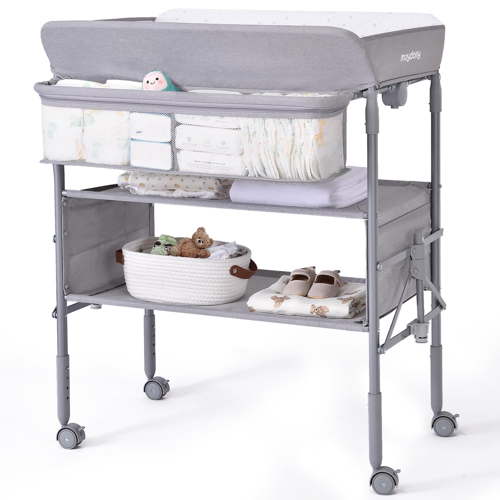 (SIMILAR ITEM) Maydolly Portable Baby Changing Table with Wheels, Waterproof Foldable Adjustable Height Diaper Station with Nursery Organizer and Storage for Newborn and Infant (Grey)