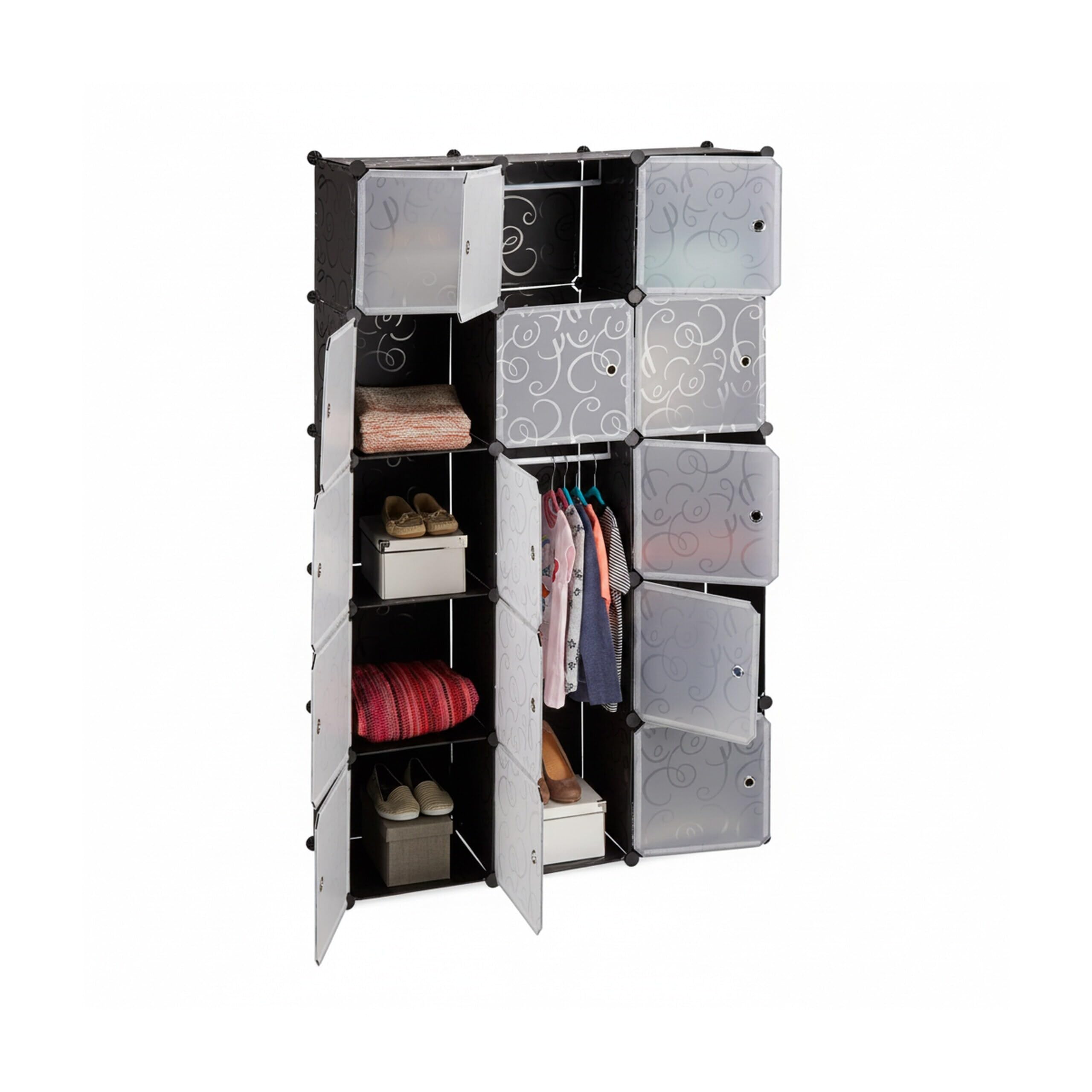 Relaxdays Regalsystem Kleiderschrank mit 11 Fächern, Garderobe mit 2 Kleiderstangen, DIY Kunststoff Steckregal, schwarz, 37 x 110 x 181 cm