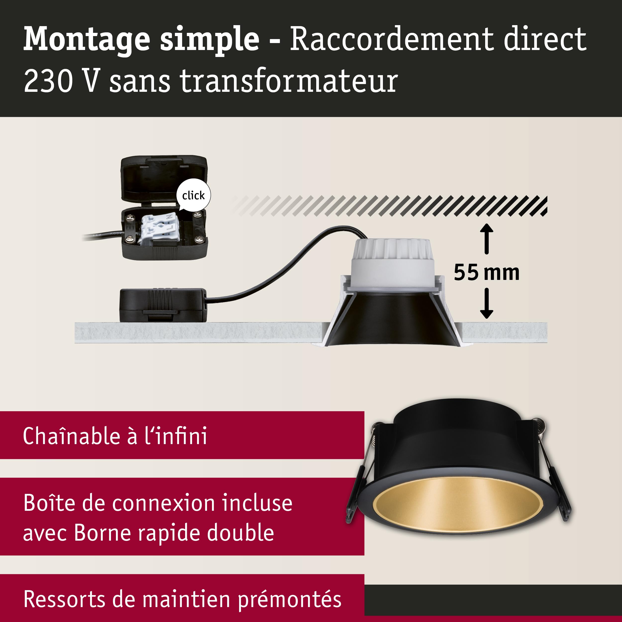 Paulmann 93404 LED Cole rond incl. 3x6 watts gradable projecteurs Noir, Doré mat Lampe encastrée plastique, Alu zinc spot pour plafond 2700 K, Matière, 19.5 W, 3er-Set