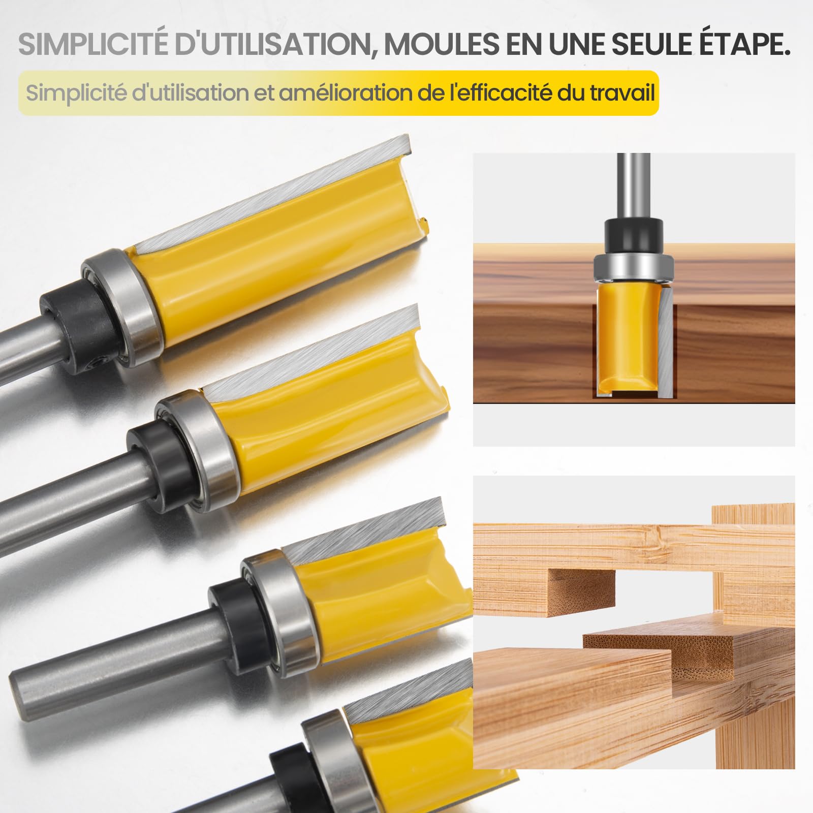 Lot de 4 fraises à copier pour défonceuse, tige de 8 mm, avec roulements à billes, lame en carbure de tungstène, maniable, pour le travail du bois, le bricolage à la maison