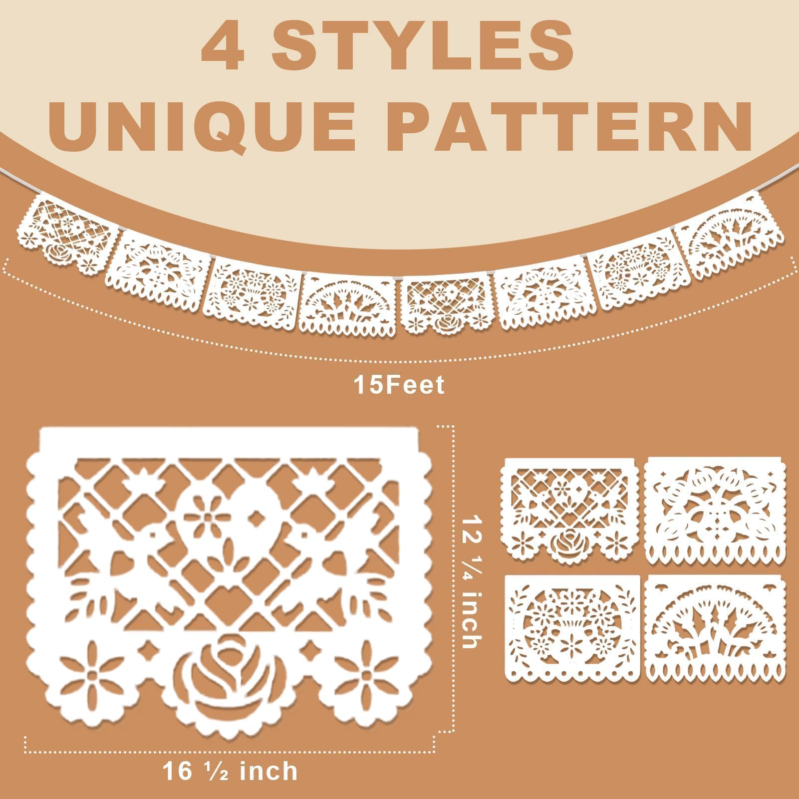 Asoulin 6Pack White Papel Picado Banner, Cinco De Mayo Decoration Plastic Mexican Banner Wedding Fiesta Party Decoration 5 De Mayo Mexican Themed Mexico Birthday Party Decor Supplies - 4 Patterns/90Ft