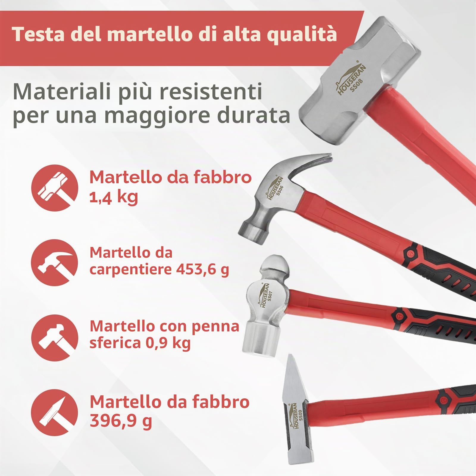 Set 7 Martelli Carpentiere Penna Sfera Ingegnere con Valigetta | Set 7 martelli acciaio forgiato, include carpentiere penna sfera e ingegnere, impugnature gomma con valigetta per officina