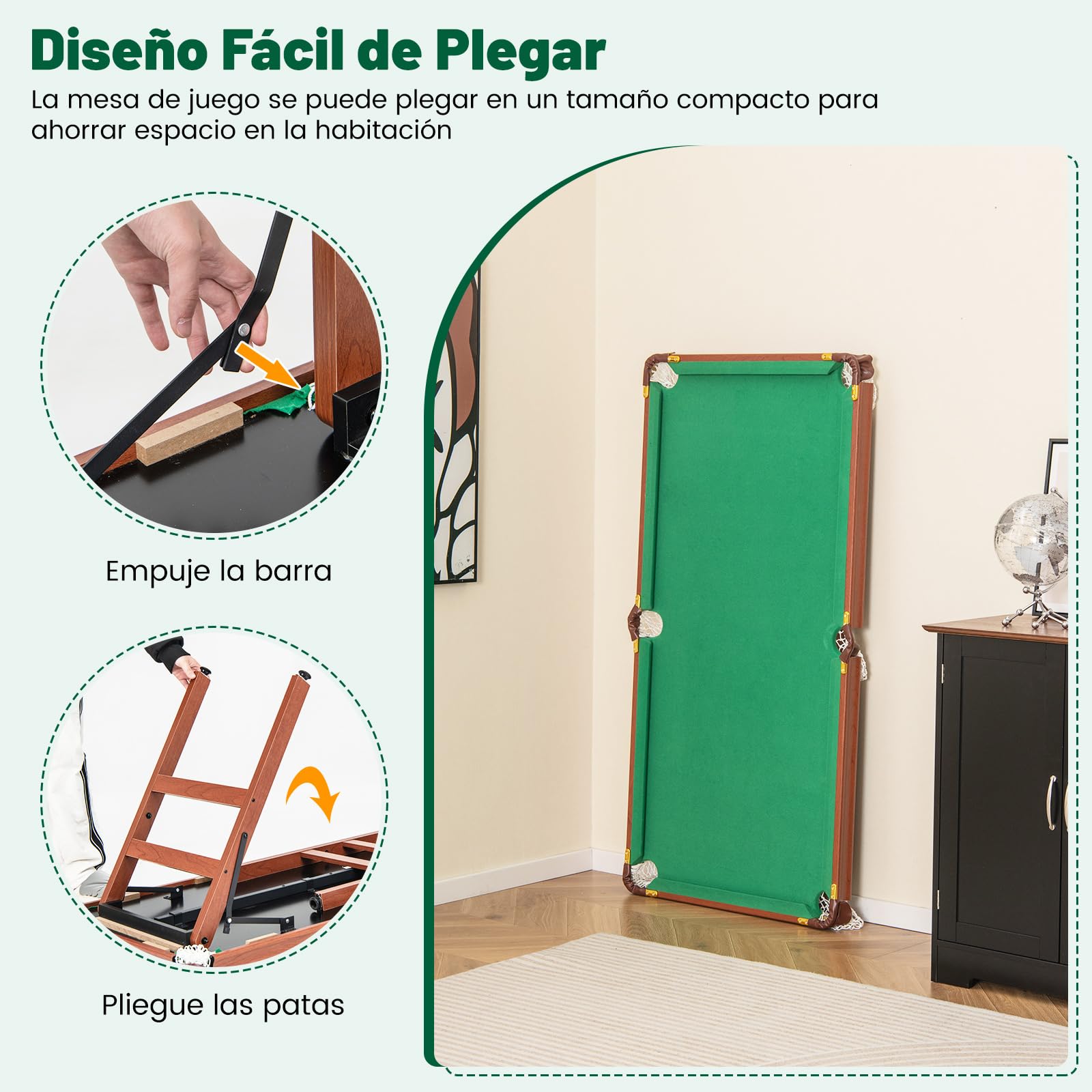 COSTWAY Mesa de Billar Plegable Portátil con 16 Bolas,138 x 67 x 79,5 cm, Niveladores de Pies Ajustables, Esquinas Protegidas de Cuero, 2 Tacos, 2 Tizas, Triángulo, Cepillo，Mini Mesa de Billar
