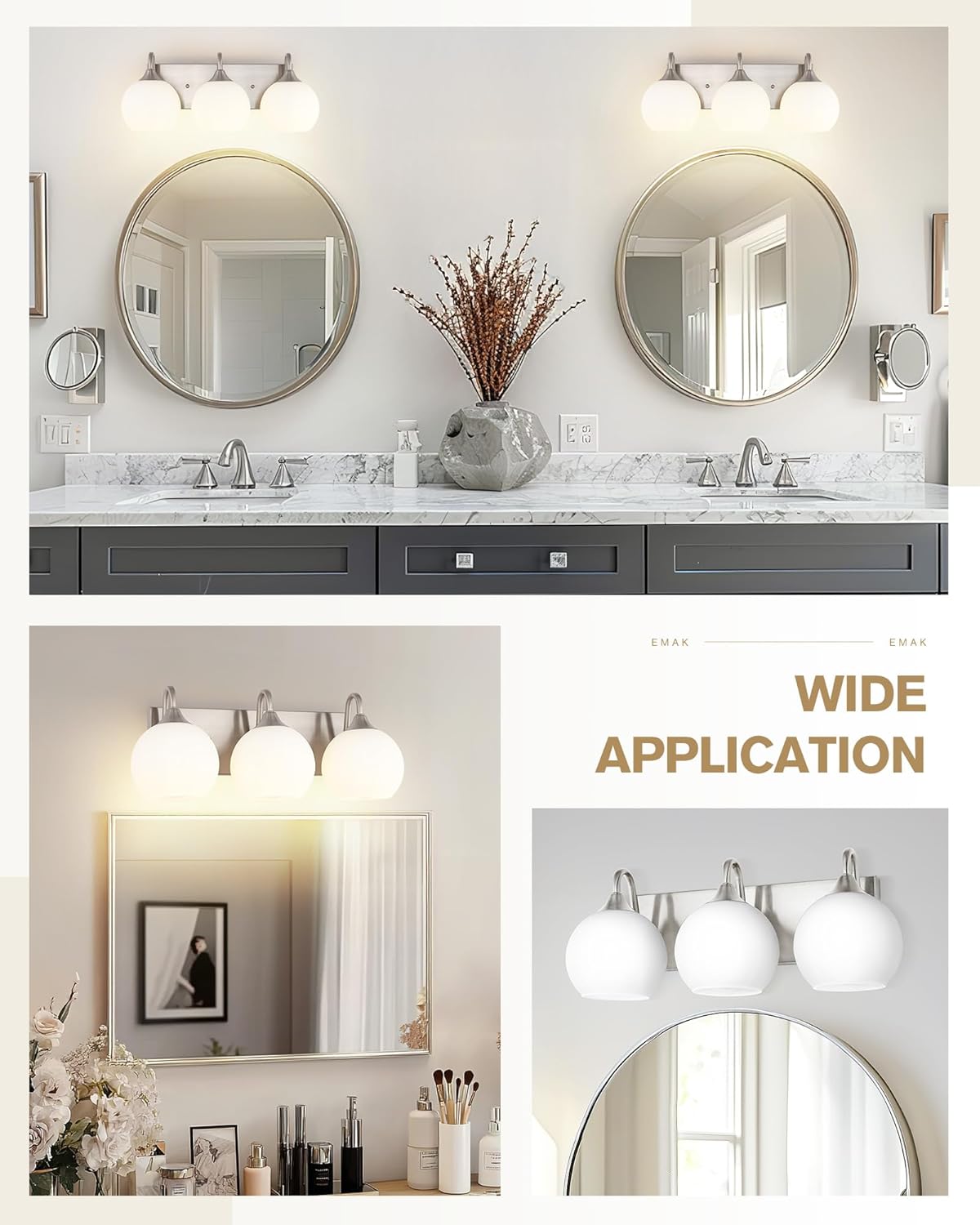 Emak 3-Light Bathroom Vanity Light, Modern Brushed Nickel Bathroom Light Fixtures Over Mirror with Milk Glass Shade, Globe Vanity Lights for Mirror, Bath, VL118-BN-ML-3