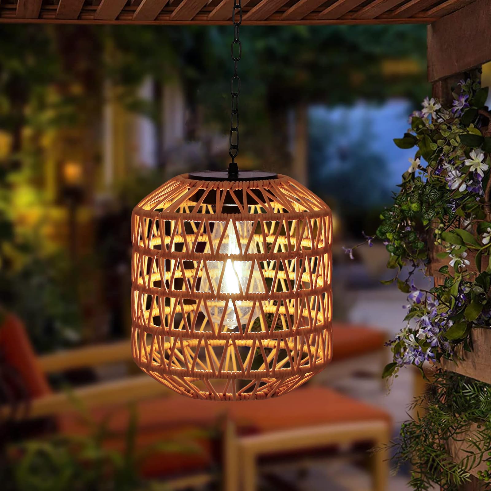 Larekook Solar Chandelier Outdoor,Natural Rattan Solar Lanterns Outdoor Waterproof Pendant Lights With Edison Bulb,Bamboo Woven Hanging Decorative Lanterns For Gazebo Garden Patio Porch Tree - View #9