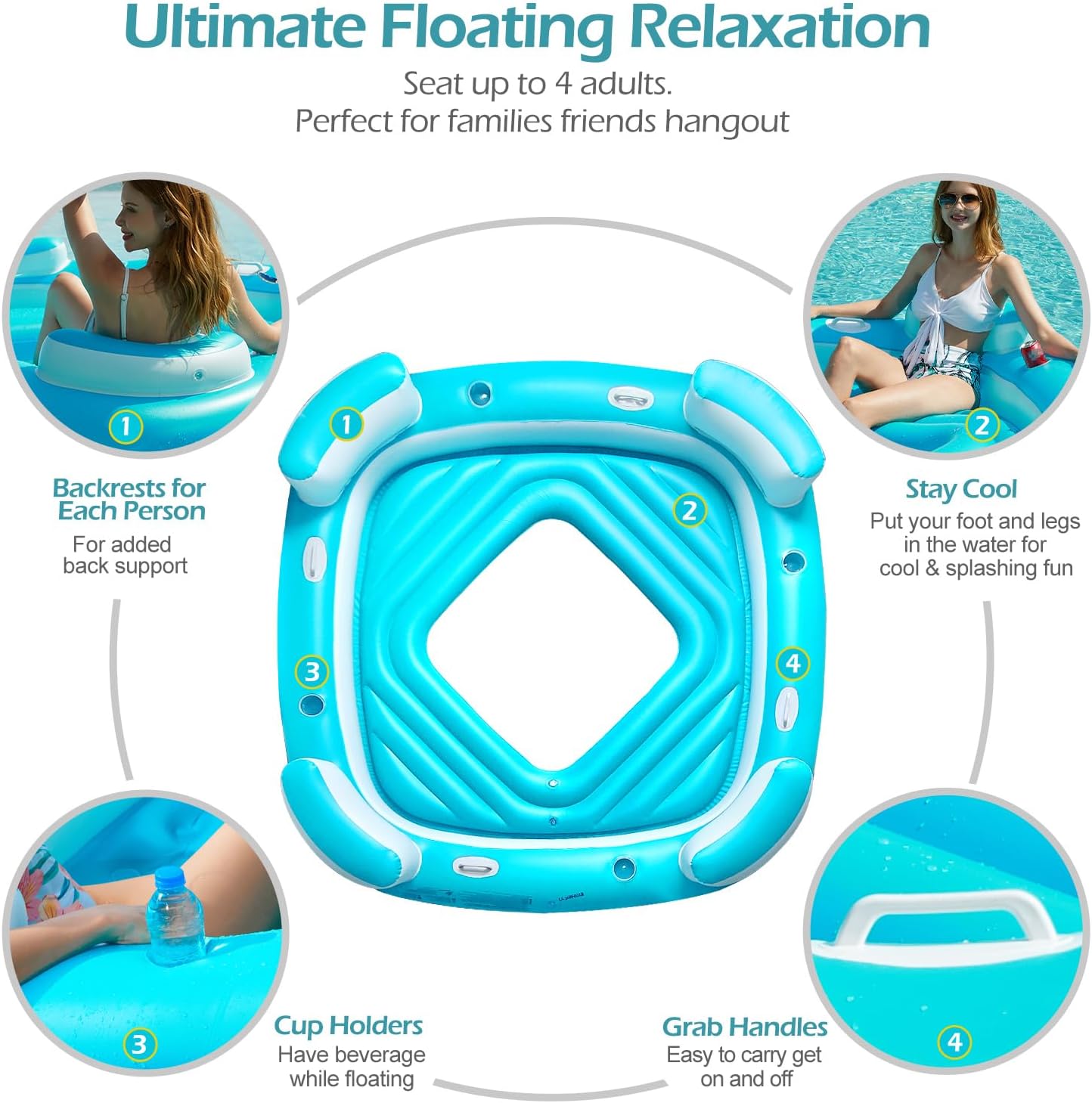 Jasonwell Floating Island Pool Float - Giant Inflatable Multi Person Pool Party Floats Swimming Pool Lounger Raft with Cup Holders Lake Floaties Beach Relaxation Water Float for Adults (Blue, XL)