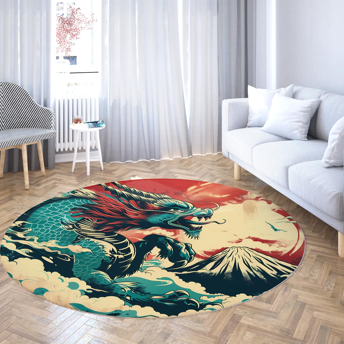 Tapis de table salle à manger lavable grand tapis rond style japonais motif dragon