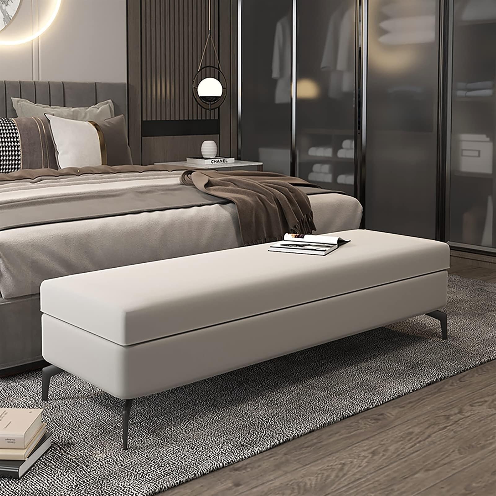 Banc ottoman de rangement avec coffre et assise repose-pieds pour bout de lit gris
