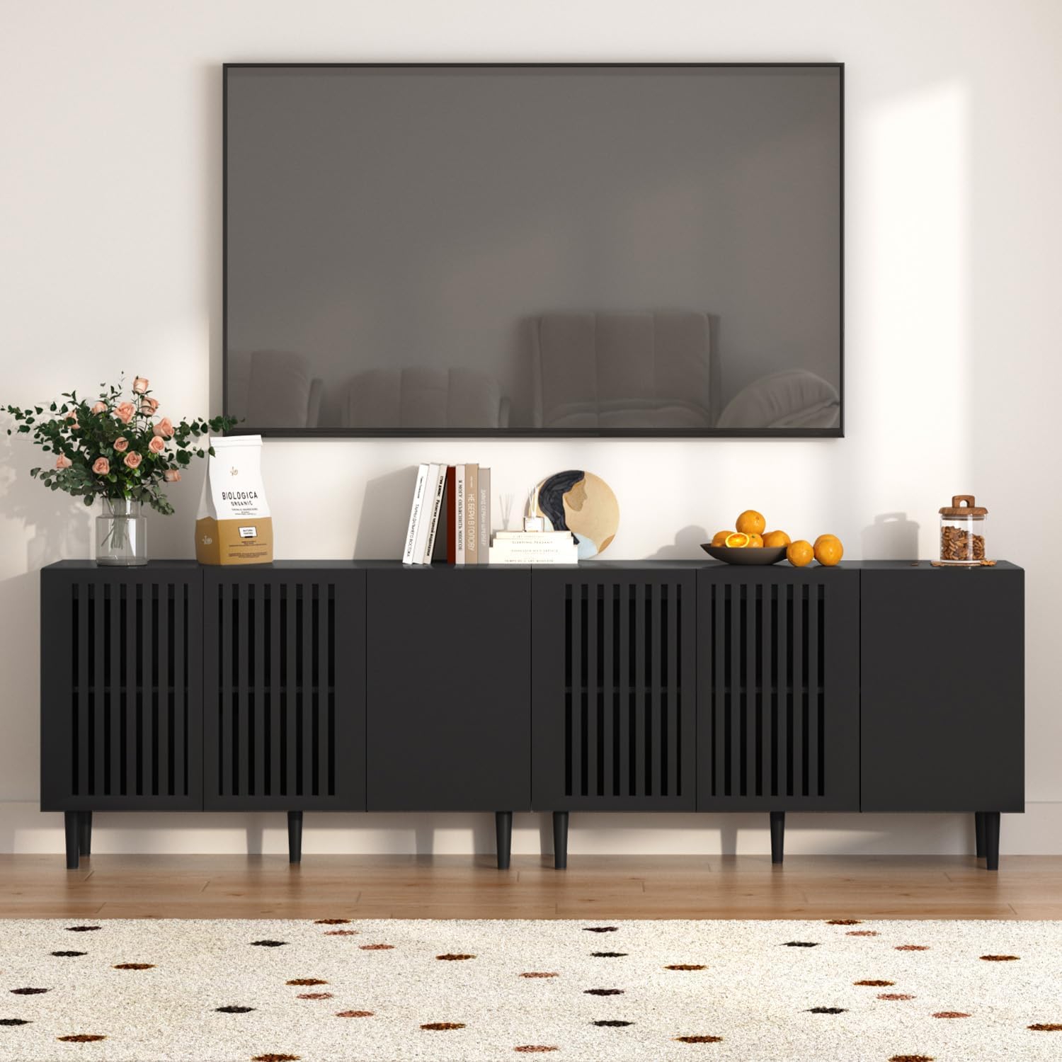 CHUWELL Modern Buffet Cabinet, 94.4" TV Stand with 6 DIY Doors and Adjustable Shelf, Sideboard Coffee Bar Cabinet with Solid Wood Feet for Kitchen,Dining Room,Living Room,Black