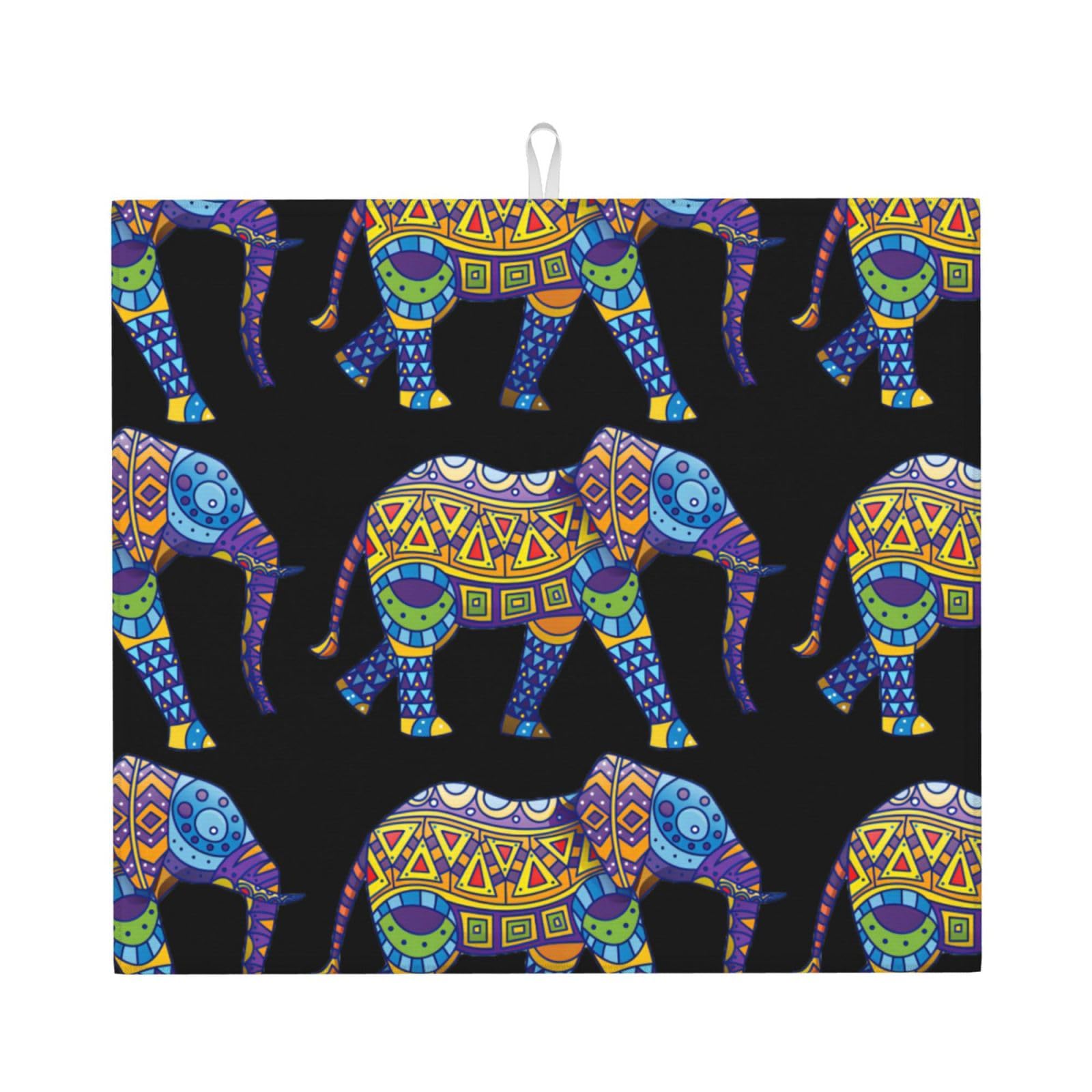 Yyhhaofa Black Colorful Elephant Prints Kitchen Drying Mat – Absorbent Dish Throw For Countertops, Non-Slip Quick-Dry Layer With Stylish Prints