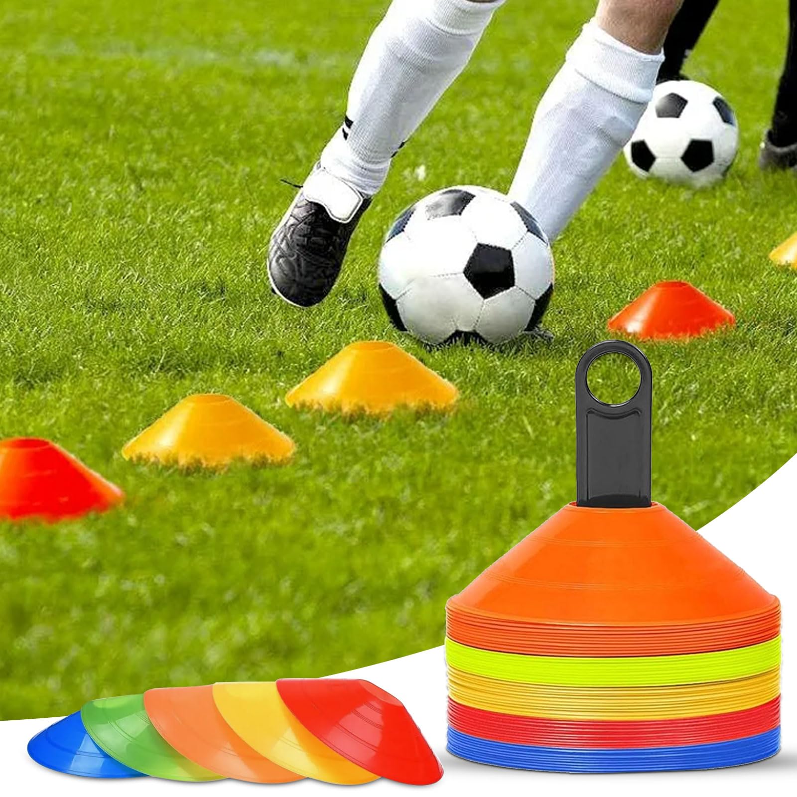 GEERDAN Plots de Marquage, Materiel Entrainement Football, Cone de Signalisation pour Entrainement Football, 5 Couleurs Plot Sport avec Support de Rangement