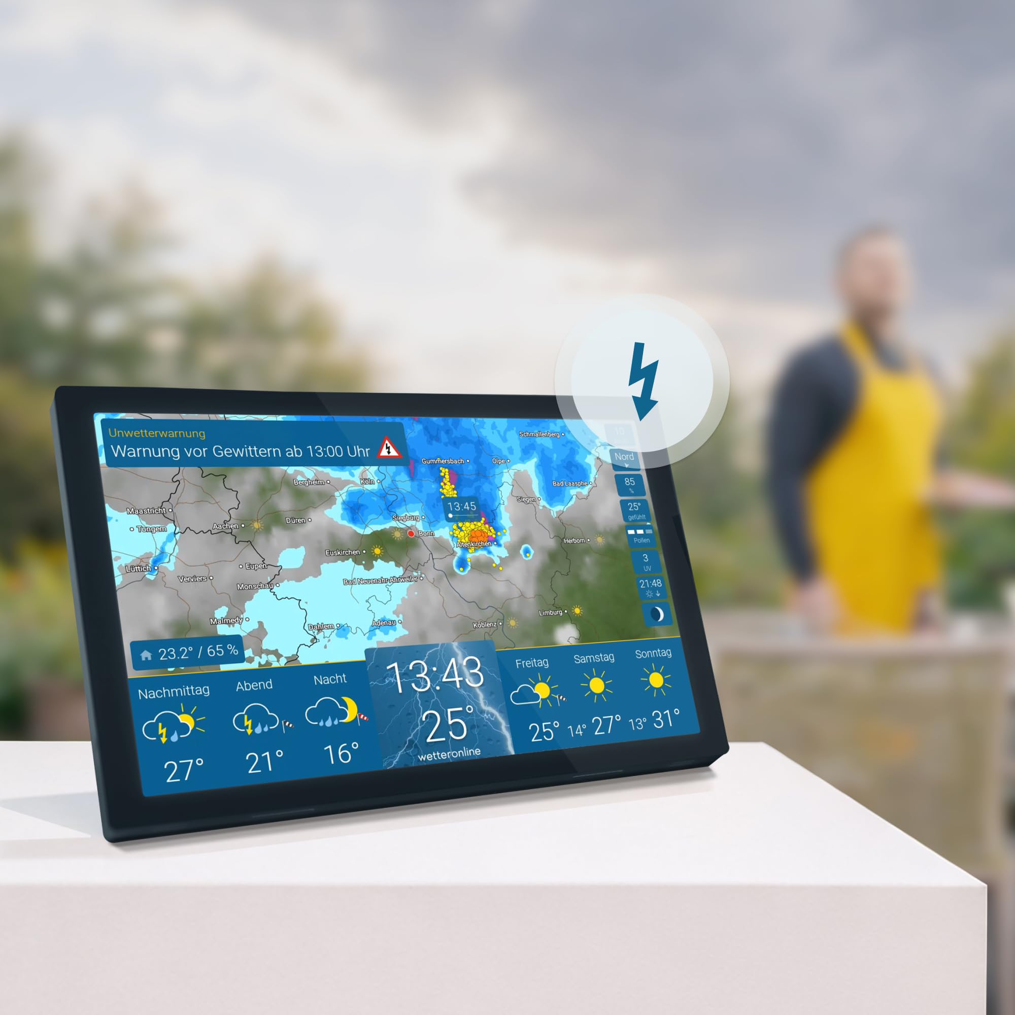 wetteronline home 4 WetterDisplay, WLAN-Wetterstation mit WetterRadar: Wetterfilm auf großem HD-Farbdisplay, einfache Bedienung, edles Design, RegenRadar, Unwetterwarnungen, 14-Tage-Wettervorhersage