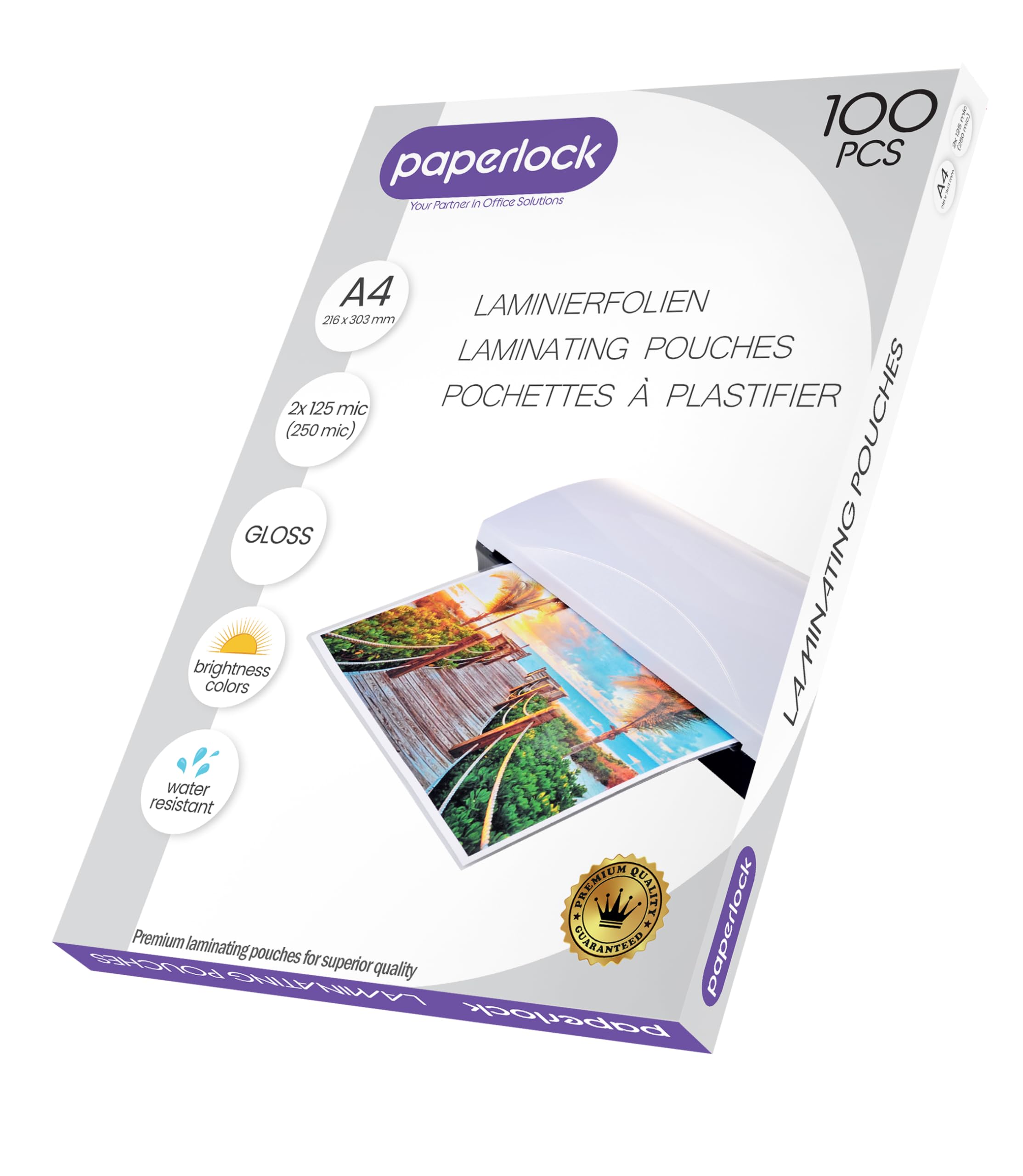 Paperlock - Pack of 100 Laminating Pouches A4, 2x125 Micron, Glossy Finish Clear, Packaging May Vary, Transparent/Green