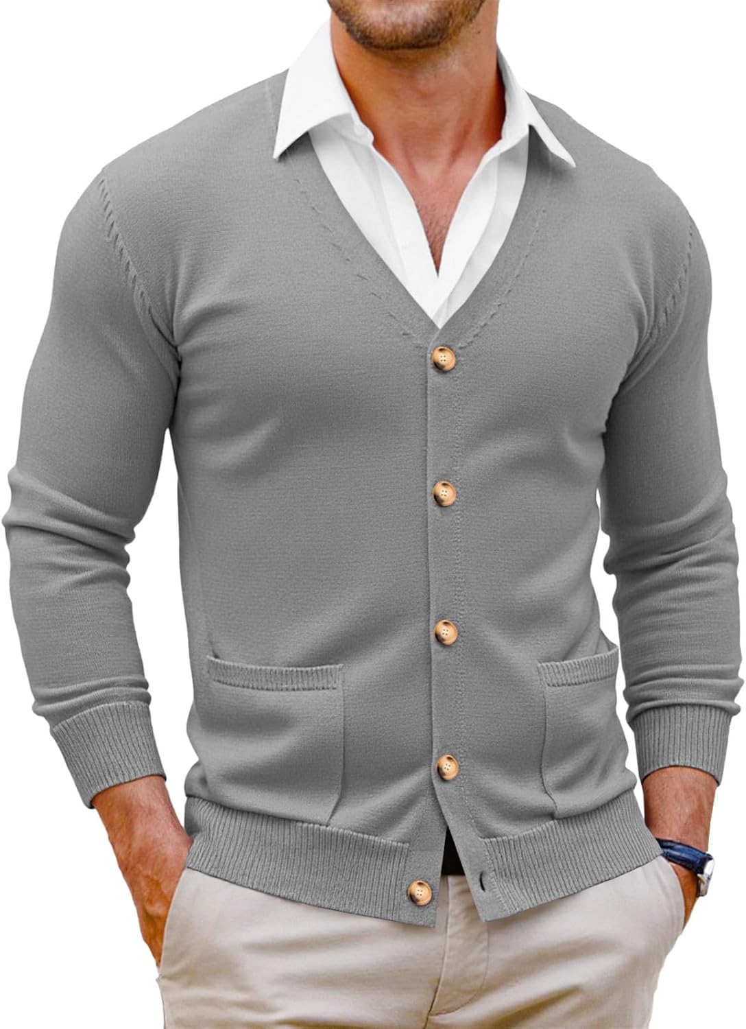 Runcati Mens Cardigan Sweater V Neck Button Down Sweaters Long Sleeve Lightweight Fall Knit Outwear with Pockets