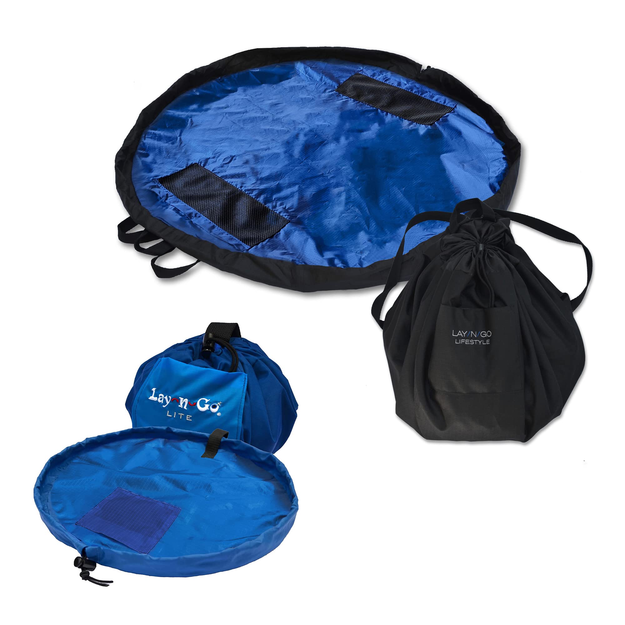 Lay-n-Go 2-in-1 Portable Drawstring Toys Storage Organizer and Play Mat for Room and Travel, Made for Kids and Toddlers with a Durable Patented Design, 44 inch, Black/Blue + 18"
