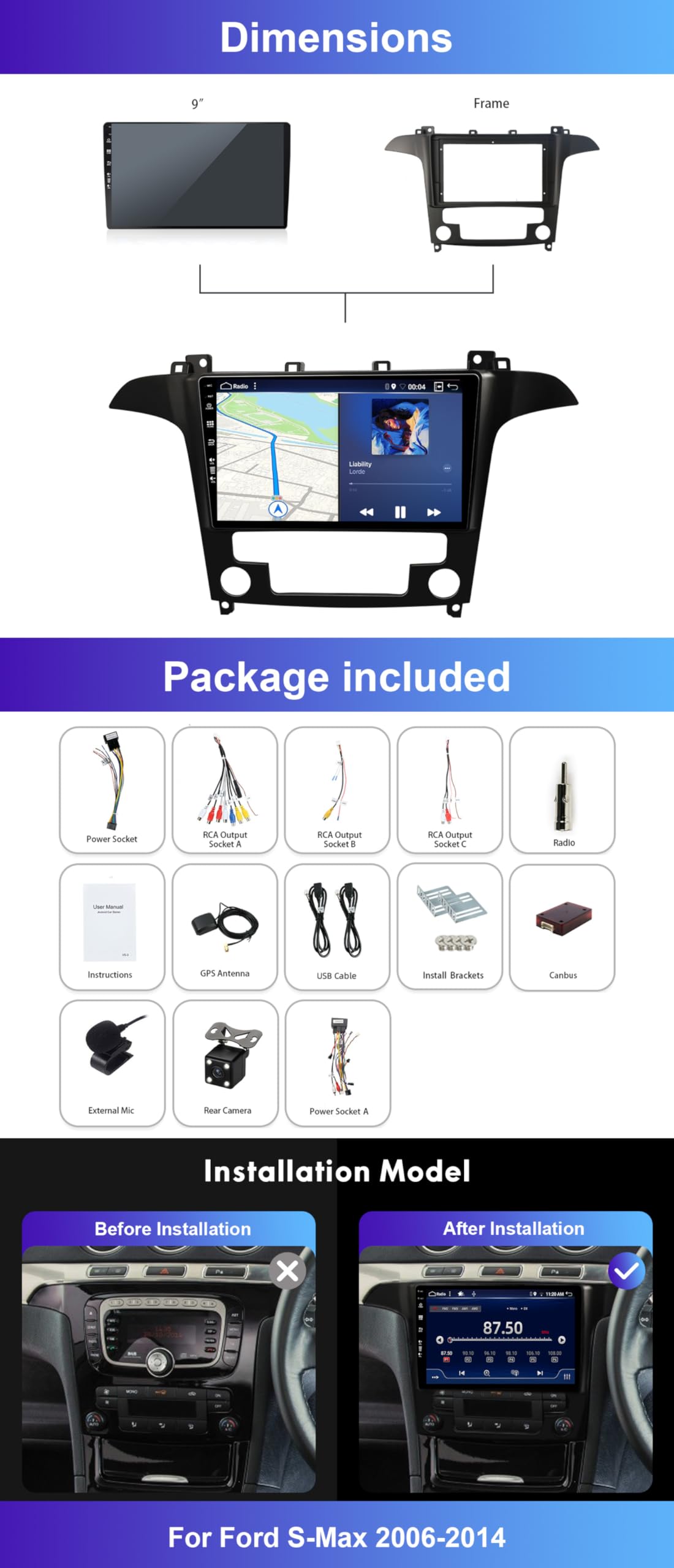 Radio de Coche para Ford S-MAX 2007-2015 Pantalla táctil IPS de 9 Pulgadas [6G+128G] - Android 15 Carplay/Android Auto/DSP - Cámar+Mic - 2 DIN 8 Core -RDS FM BT SWC WiFi Dab