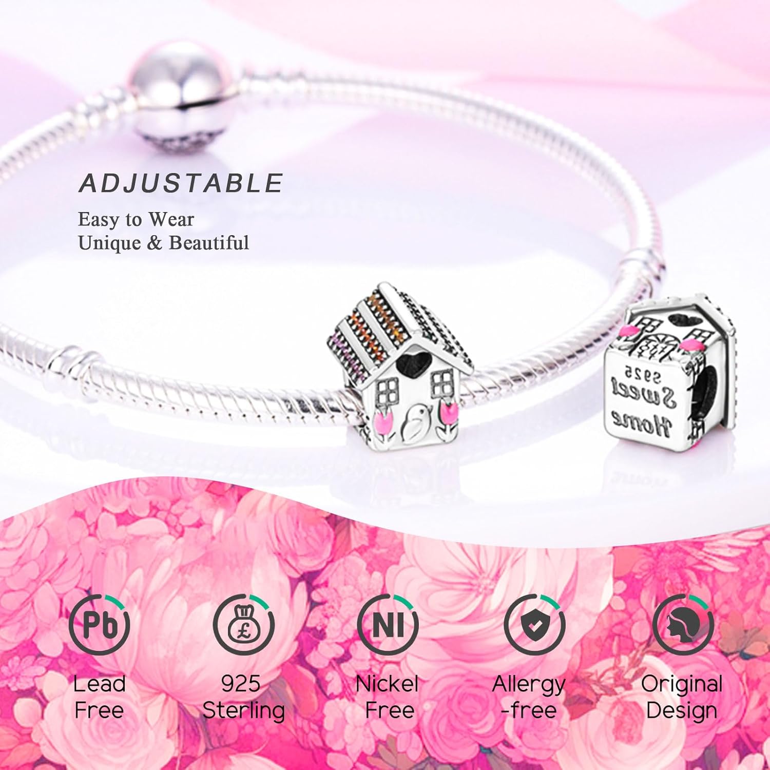 925 Sterling Silver Charms Beads for Bracelets Necklaces, Airplane Passport Sister Heart Coffee Music Book Travel Pendant, Pink Color Cute Animal Jewelry Graduation Birth Gifts for Women Men - Image 5