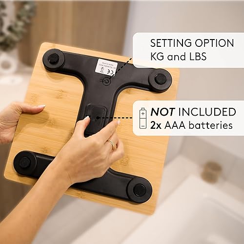 Miniatura 4 de Báscula de bambú de madera para baño con pantalla LCD digital, capacidad máxima de 396 libras, añadiendo un toque elegante y moderno a tu inodoro