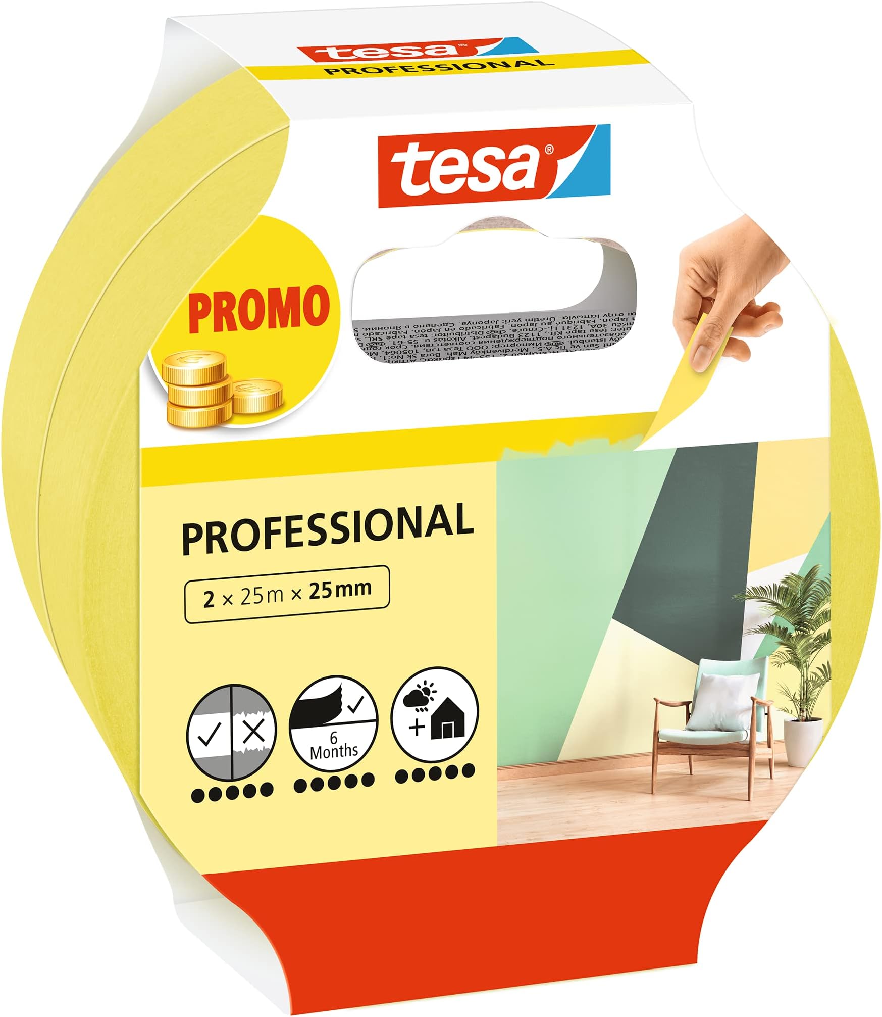 Masking Tape Professional - Painter's tape made of thin Washi paper for particularly precise masking during painting work - for indoors and outdoors - 2x 25 m x 25 mm