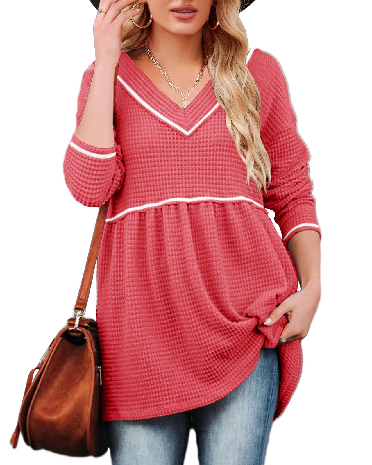 Chang Yun Womens V Neck Waffle Tunic Top Long Sleeve Peplum Pullover Babydoll Casual Flowy Swing Tshirts Pullover Sweaters